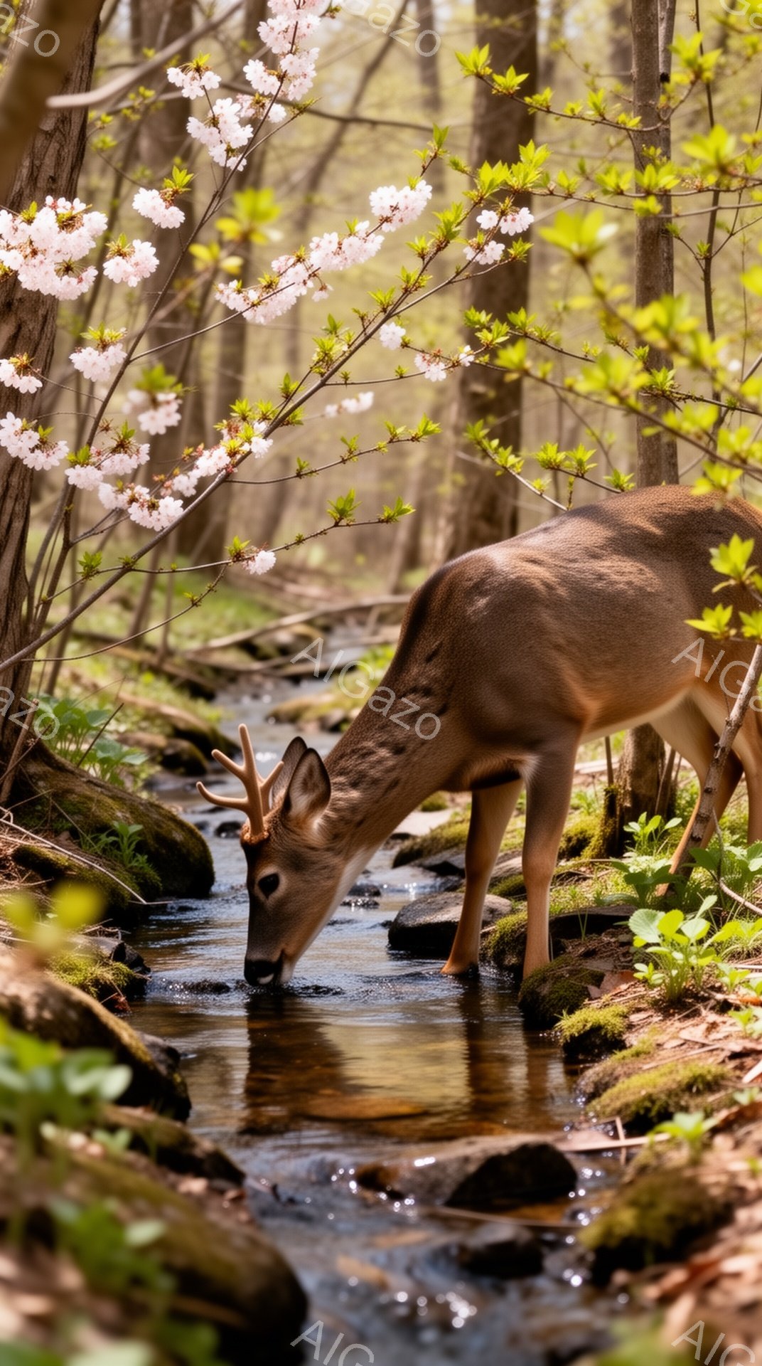 鹿が小川で水を飲んでいる。背景には桜の木が咲き誇り、春の穏やかな風景が広がっている。水面に反射する景色と鹿の姿が調和し、静かで美しい瞬間を捉えている。