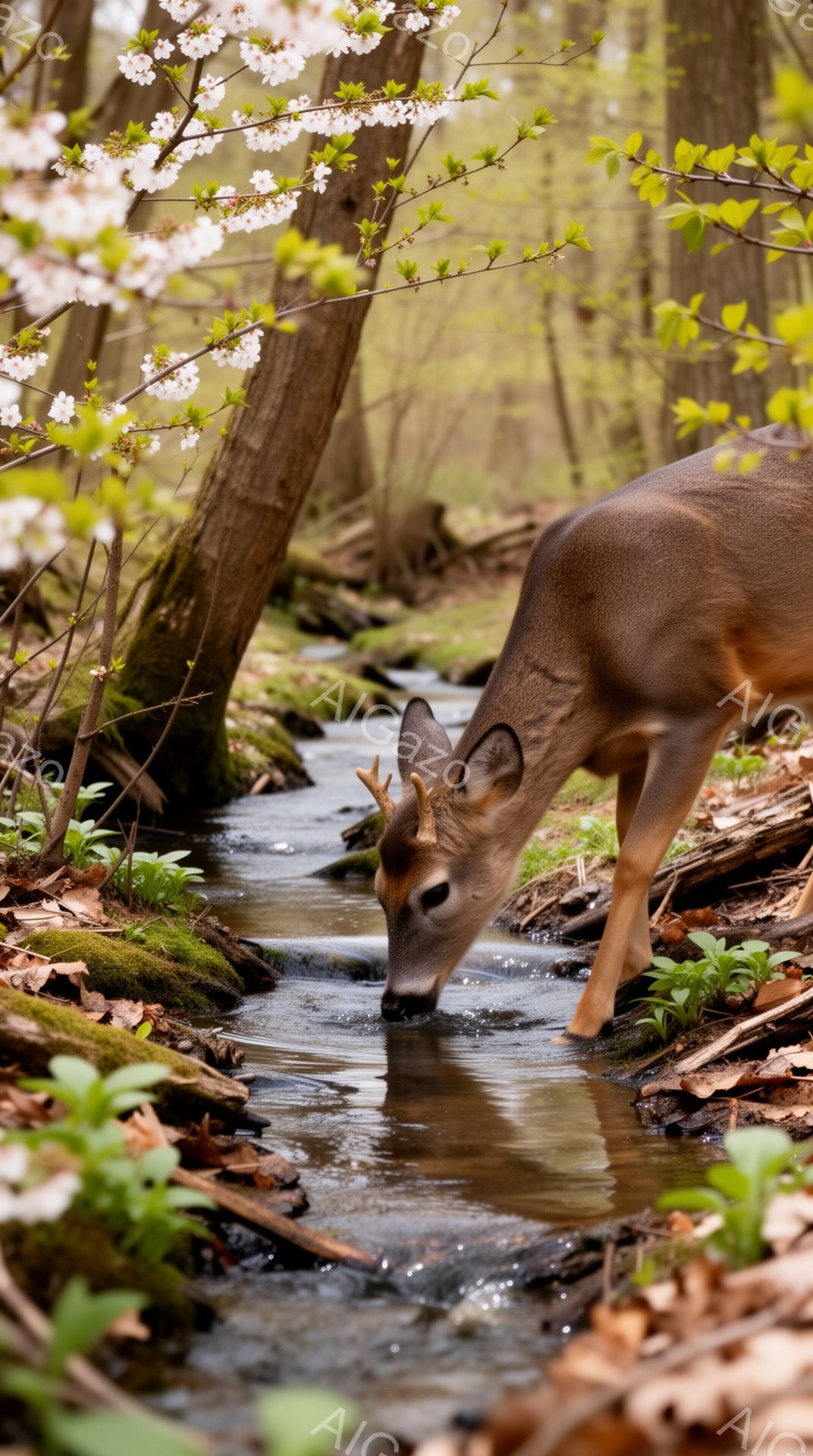 春の森の中で、鹿が小川の水を飲んでいます。日の光が木々の間から差し込み、水面に反射してキラキラと輝き、穏やかな雰囲気を醸し出しています。周りには緑が生い茂り、春の息吹を感じられます。