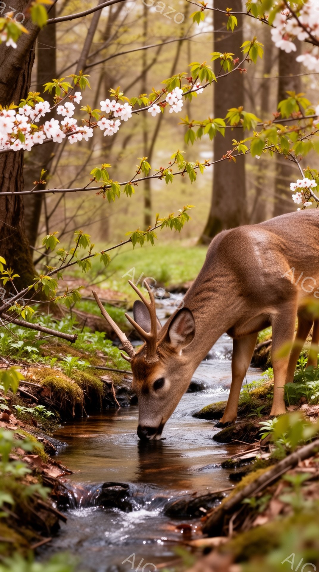 シカが澄んだ小川で水を飲んでいます。周囲は緑豊かな植物に覆われ、桜の花が咲き乱れて春の暖かさを感じさせます。静かで穏やかな森の風景で、自然の美しさが際立っています。 - AI生成フリー素材