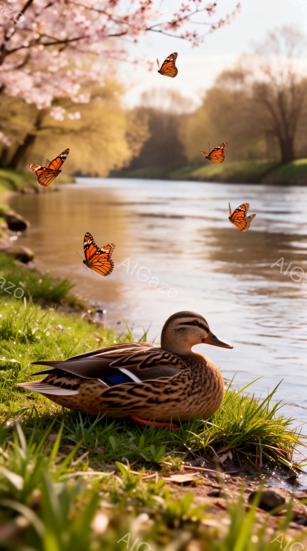 アヒルが緑の草の上でリラックスしています。背景には穏やかな川と桜の木が見え、春らしい暖かく柔らかな光が全体を包んでいます。空には蝶が舞い、平和で穏やかな雰囲気を醸し出しています。 - AI生成フリー素材