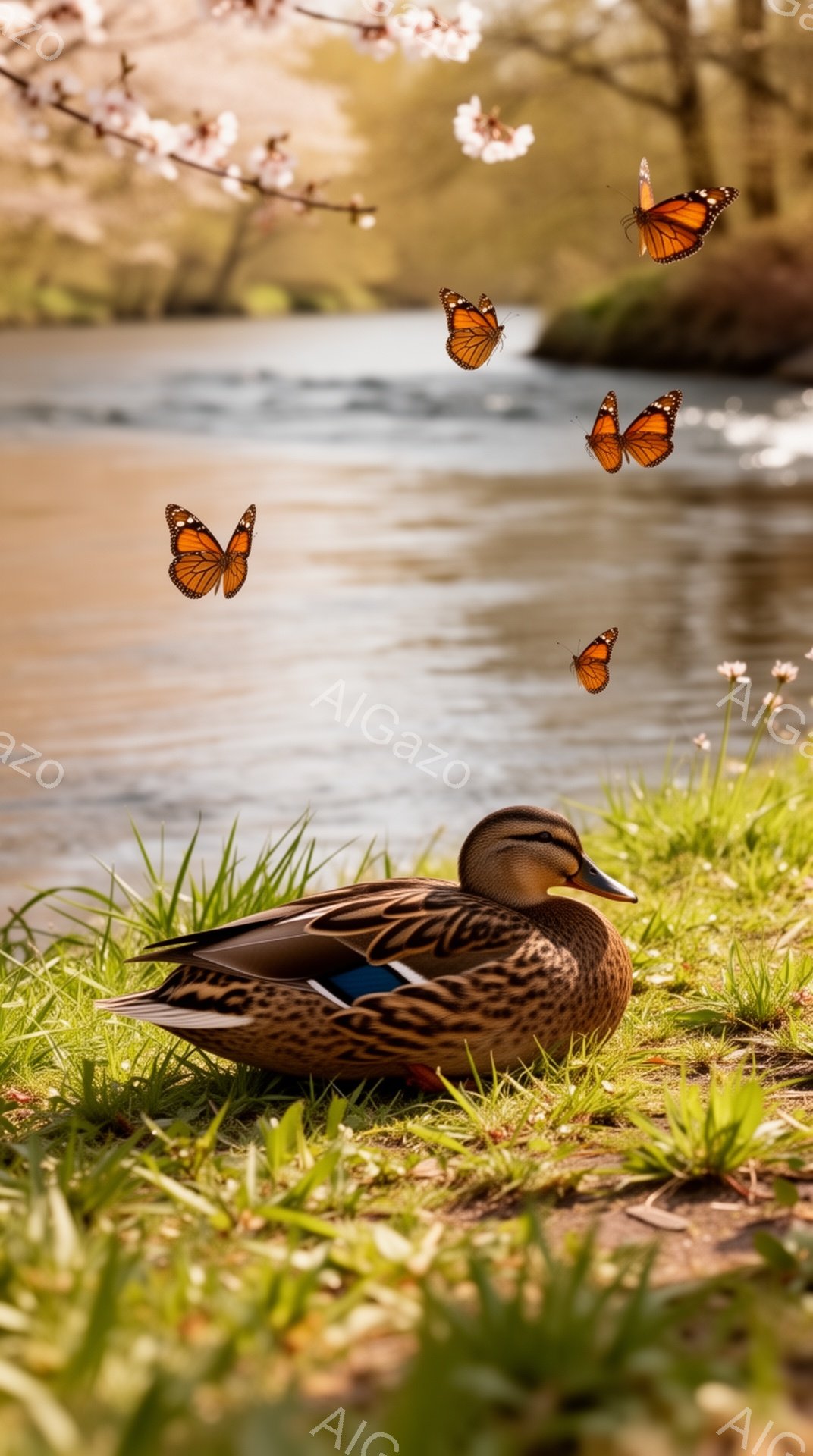 鮮やかな緑の草の上に、アヒルがリラックスして横たわっている。周囲にはオレンジ色の蝶が舞い、春の穏やかな雰囲気を作り出している。背景にはぼやけた水面と桜の木々が見え、穏やかで美しい風景だ。 - AI生成フリー素材