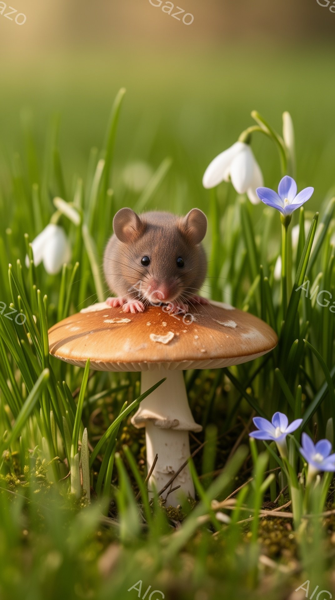 小さなネズミがキノコの傘の上に乗ってこちらを見ている。周囲には緑の草と白い花が咲き、春の穏やかな自然の風景が広がっている。柔らかな光がネズミとキノコを照らし、可愛らしい雰囲気を醸し出している。