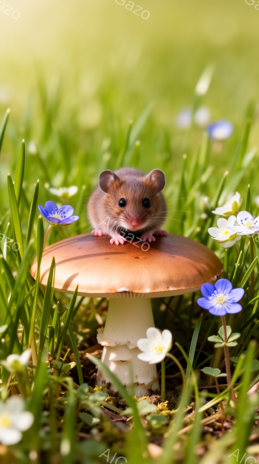 緑の草の上で、小さなネズミがキノコの上に立っています。青い花が周りに咲き乱れ、暖かく優しい雰囲気を作り出しています。ネズミは小さな前足を揃えており、可愛らしい姿を見せています。 - AI生成フリー素材