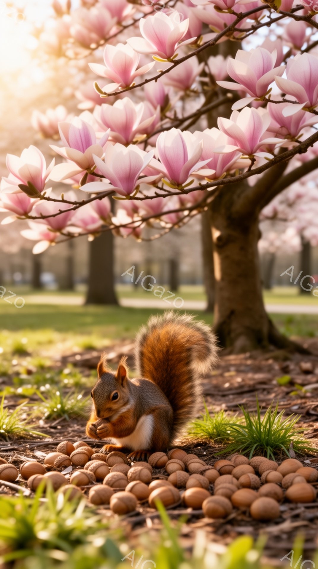 リスが地面に散らばったドングリを食べている様子が写っています。背景にはピンク色の美しい桜の木があり、春の穏やかな雰囲気が漂っています。光が差し込み、リスの毛並みや桜の花びらが優しく照らされています。