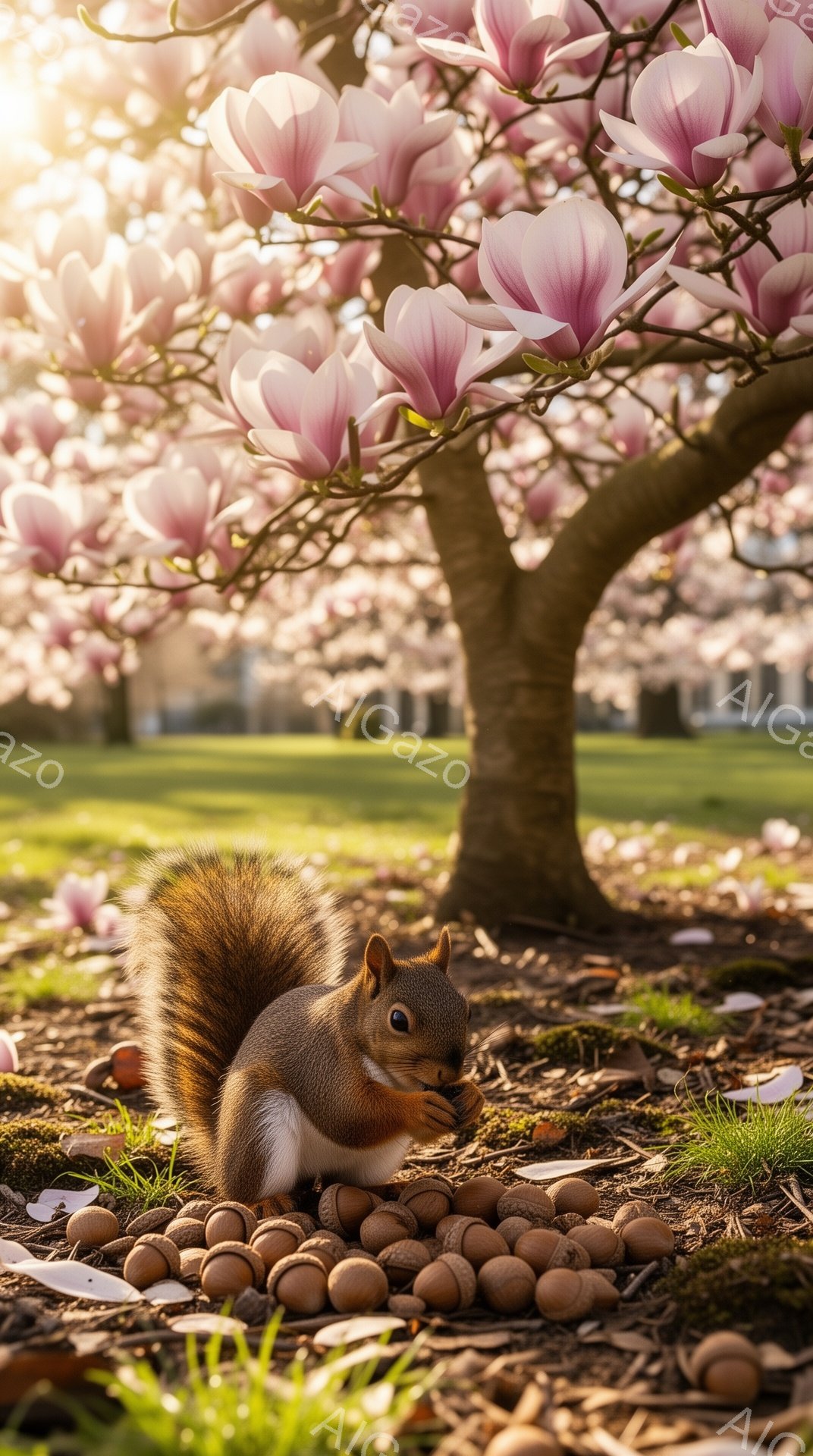 赤褐色のリスが、マグノリアの花びらとドングリに囲まれた芝生の上でドングリを食べている。太陽の光が降り注ぎ、春らしい暖かく穏やかな雰囲気が漂っている。背景には、ピンク色の花を咲かせたマグノリアの木が大きく聳え立っている。