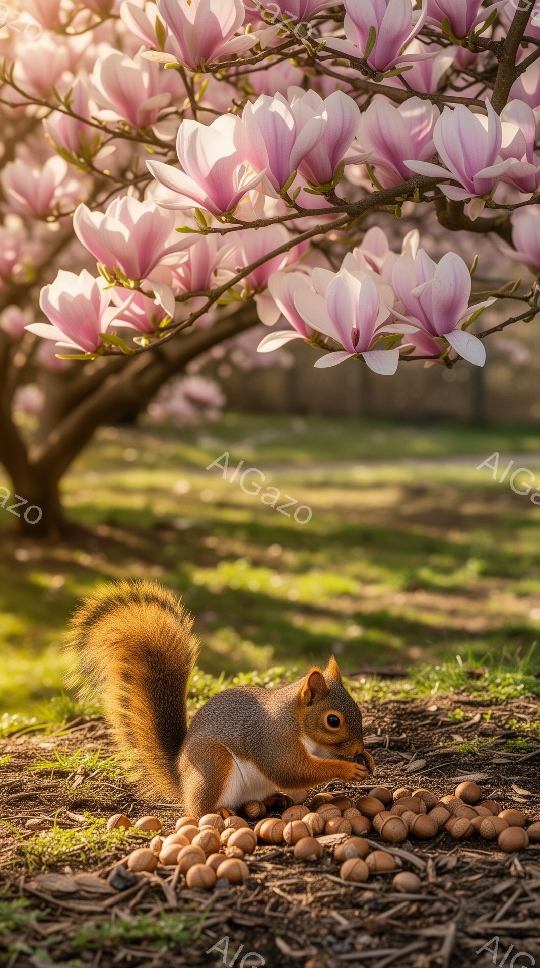 リスが地面に散らばったドングリを食べている。背景にはピンク色の美しい桜の木があり、暖かく穏やかな春の雰囲気を感じさせる。光が差し込み、リスの毛並みや桜の花びらが際立っている。