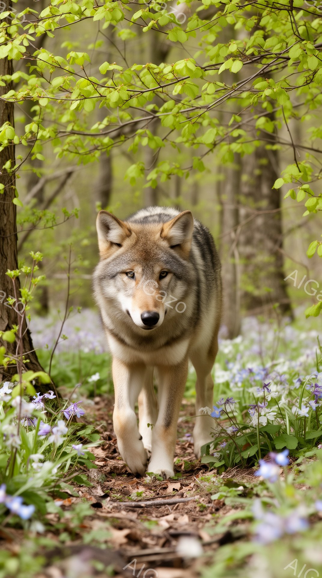 緑豊かな森の中を、オオカミが毅然とした表情で歩いている。周囲には紫色の花が咲き乱れ、春の訪れを感じさせる。その姿は力強く、同時にどこか神秘的な雰囲気を漂わせている。