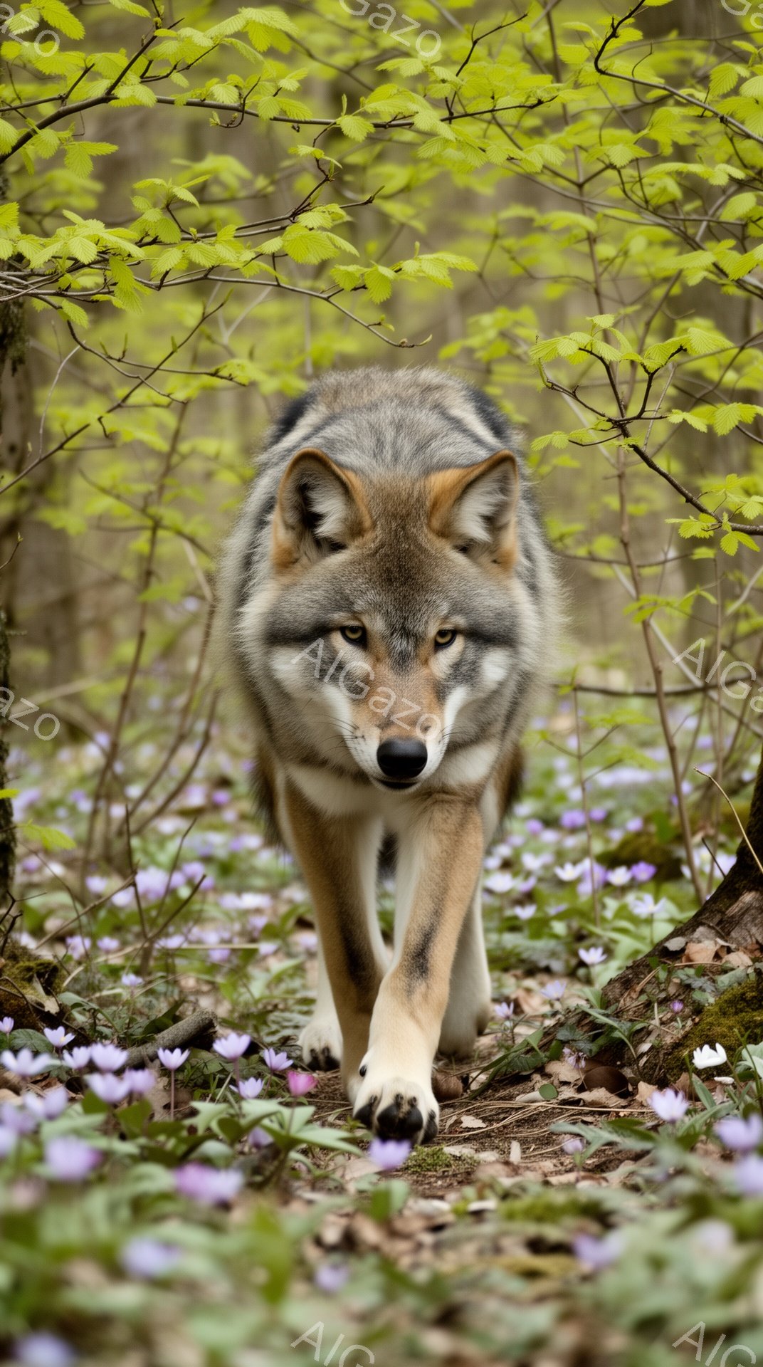灰色のオオカミが花畑の中をまっすぐこちらに向かって歩いてくる。背景には緑の葉が茂り、春の陽光が差し込んでいる。オオカミの表情は鋭く、力強い印象を与える。