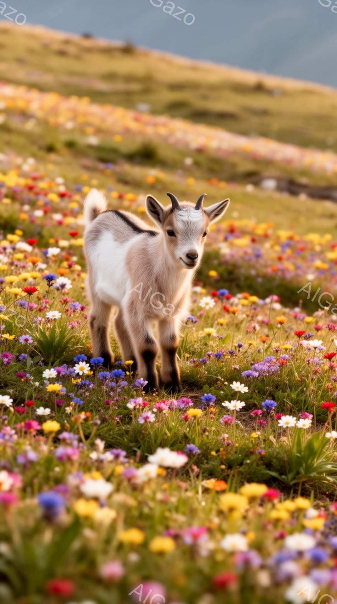 小山のような花畑の中に、子ヤギが立っています。ヤギは白と茶色の毛並みで、好奇心旺盛な表情でこちらを見ています。背景には緑の草と青い空が見え、明るく穏やかな雰囲気です。