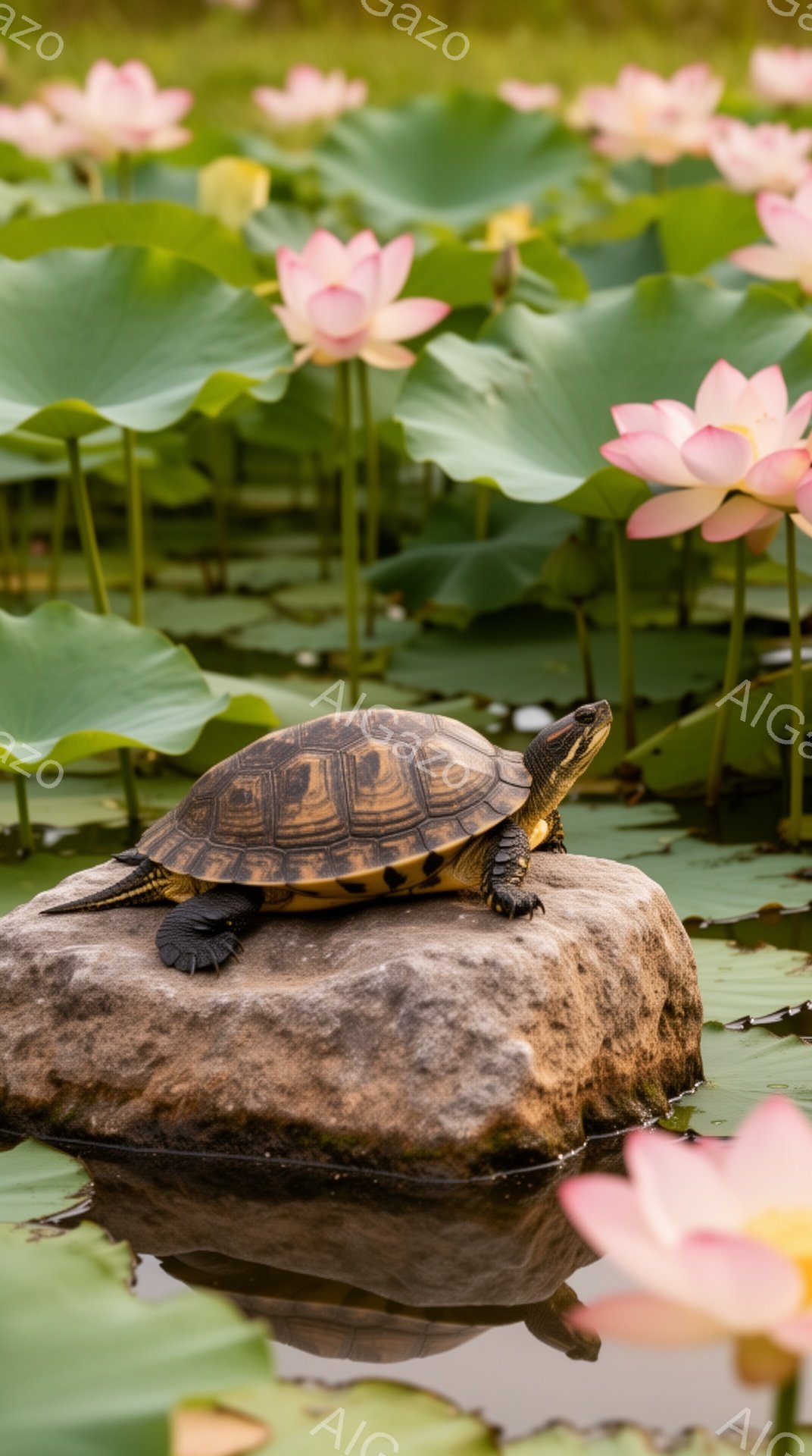 日当たりの良い池の上にカメが岩に乗って日向ぼっこをしています。周りにはピンクの蓮の花が咲き、穏やかで平和な雰囲気を醸し出しています。水面に反射するカメと蓮の花が美しい光景を作り出しています。 - AI生成フリー素材