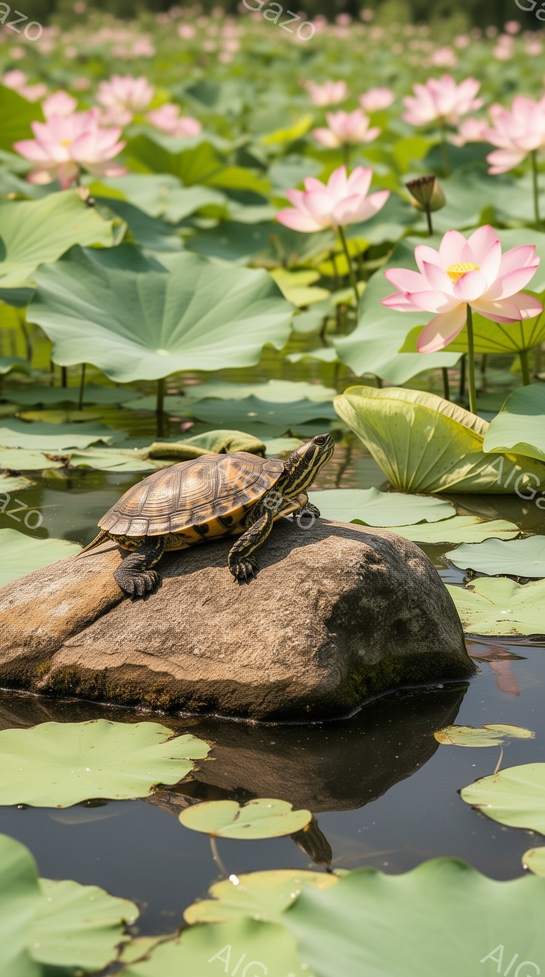 ピンクの蓮の花が咲き乱れる池の上に、一匹のカメが岩の上に佇んでいます。カメは前足を伸ばし、日光浴を楽しんでいるようで、周囲の柔らかな光と鮮やかな色彩が、穏やかな夏の日の雰囲気を醸し出しています。水面に - AI生成フリー素材