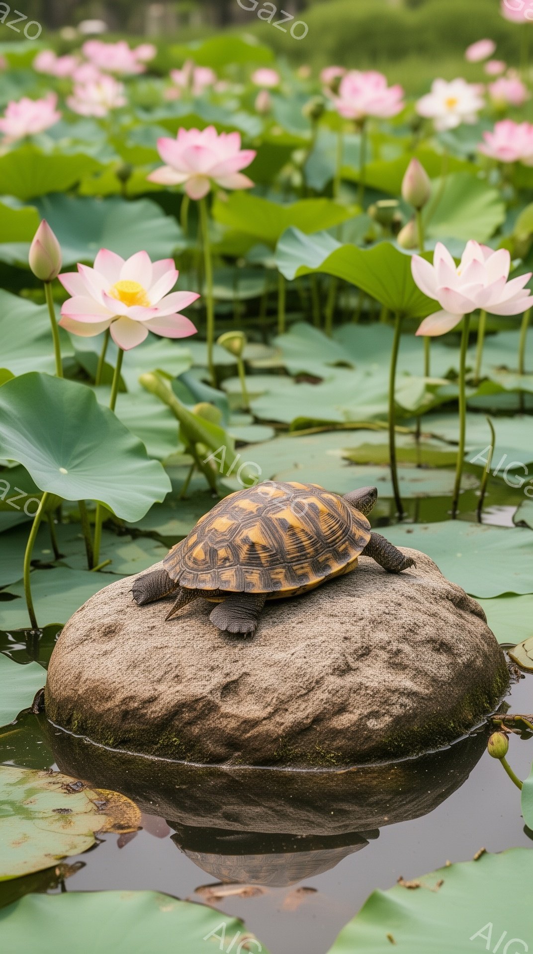 アジサイとスイレンが咲き乱れる池の中に、岩の上にカメが佇んでいます。カメは甲羅を光らせ、周囲の穏やかな自然に溶け込んでいます。水面に映るカメの姿が、静寂で平和な雰囲気を醸し出しています。