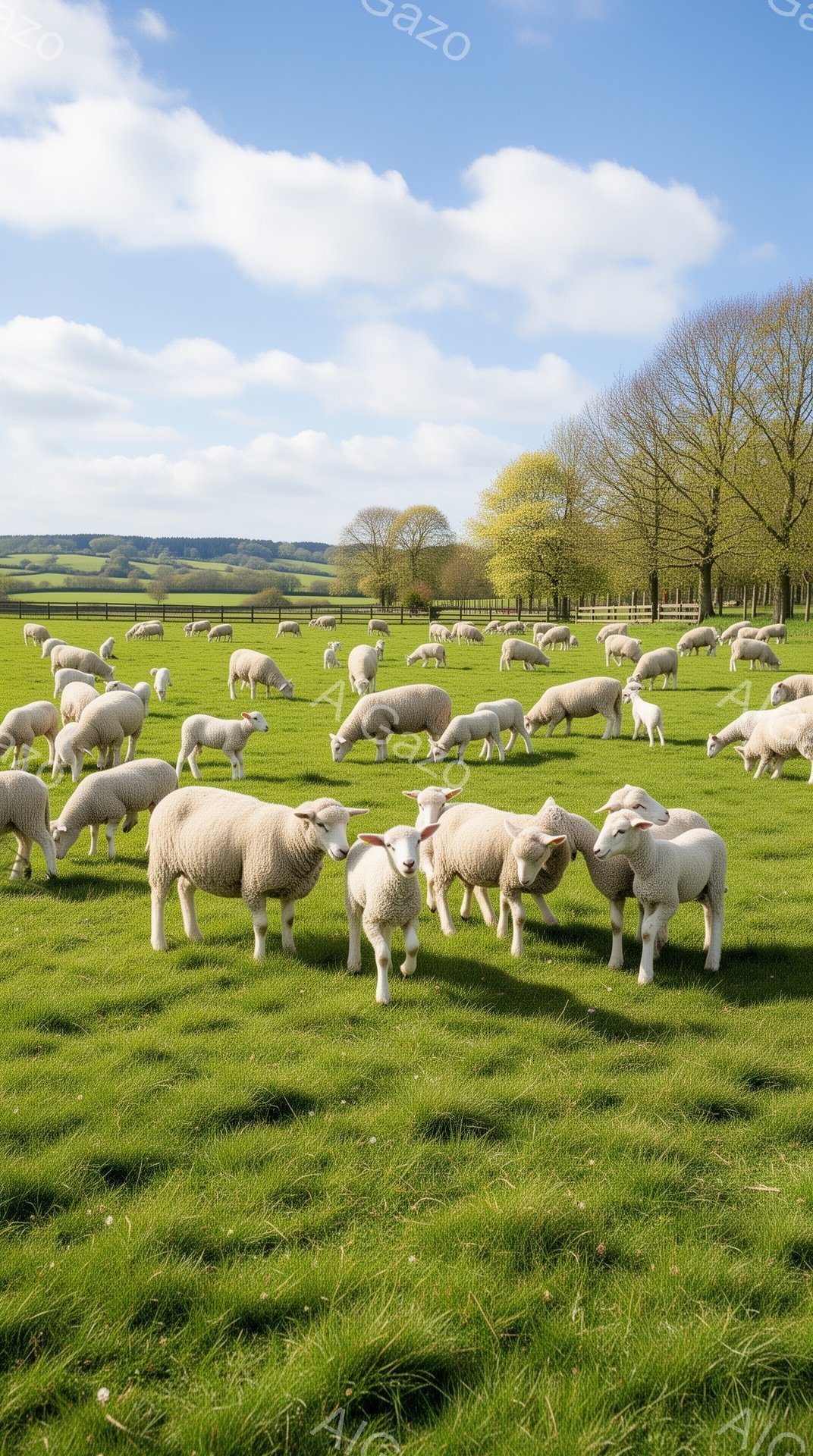 広大な緑の牧草地に、たくさんのヒツジが群れをなして草を食んでいます。遠くには木々が見え、晴れた空の下、穏やかで平和な雰囲気です。ヒツジたちは白い毛並みを輝かせ、春の日の光の中でリラックスしています。