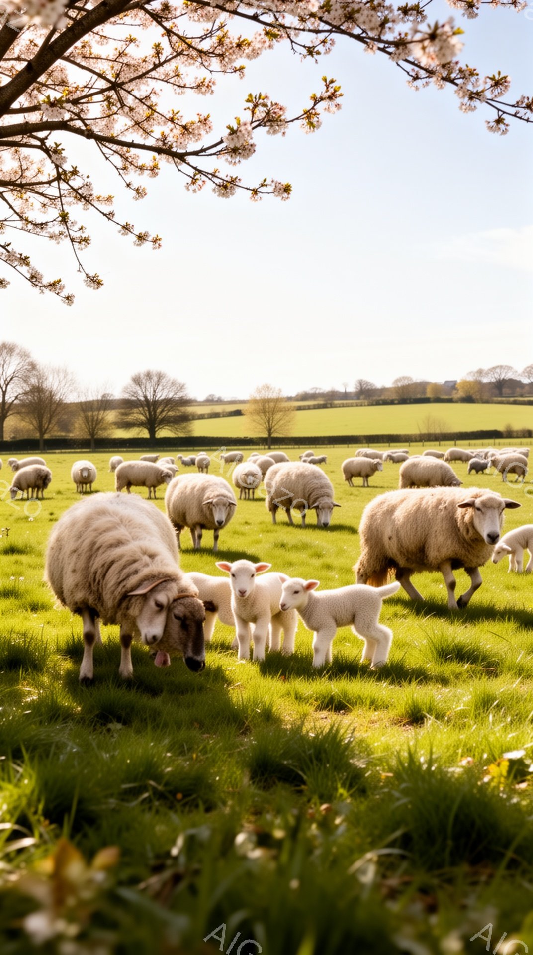 緑豊かな牧草地で、羊の群れがのんびりと草を食んでいます。前方にいる母羊と子羊たちは特に可愛らしく、穏やかな春の陽光が降り注ぎ、暖かく優しい雰囲気を醸し出しています。背景には遠くの丘陵が見え、自然豊かな - AI生成フリー素材
