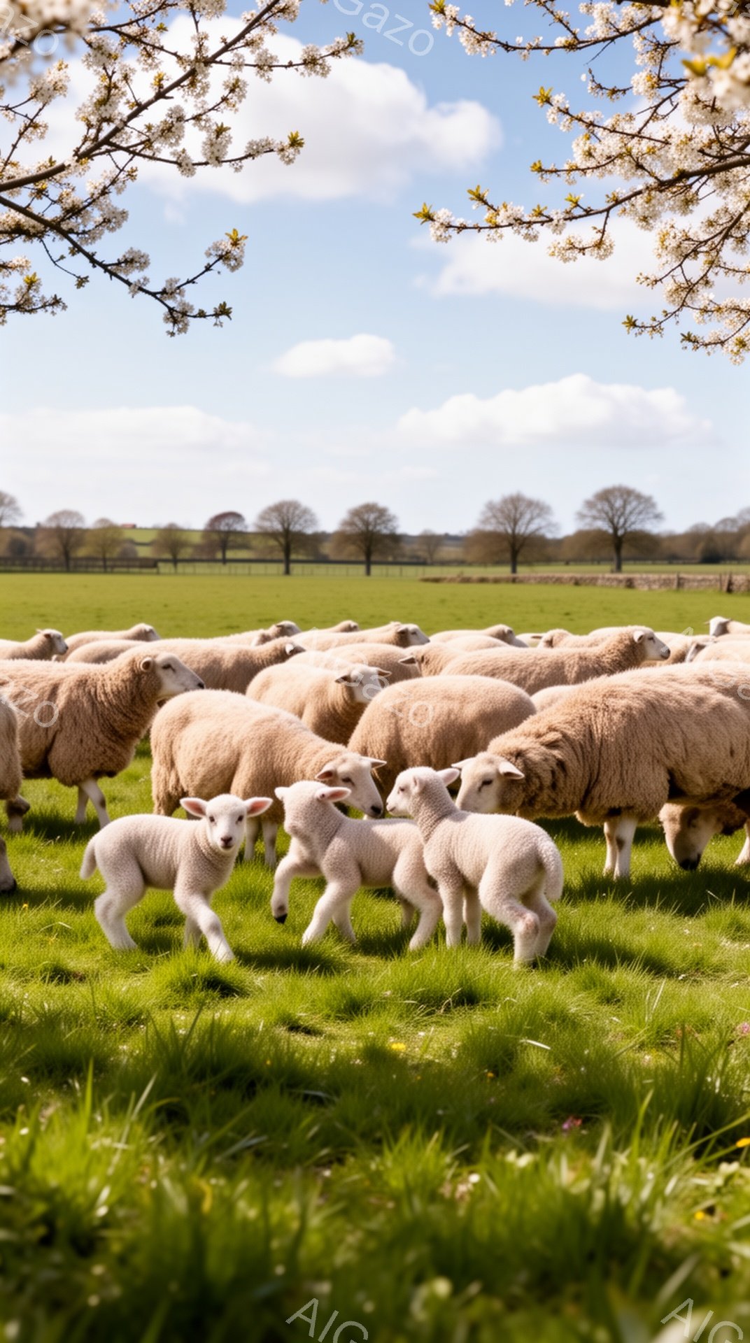 広大な緑の牧草地で、多くのヒツジとその子羊たちが群れをなして歩いている。子羊たちは嬉しそうに走り回り、春の暖かさと生命の息吹を感じさせる。背景には木々が点在し、穏やかで平和な雰囲気が広がっている。