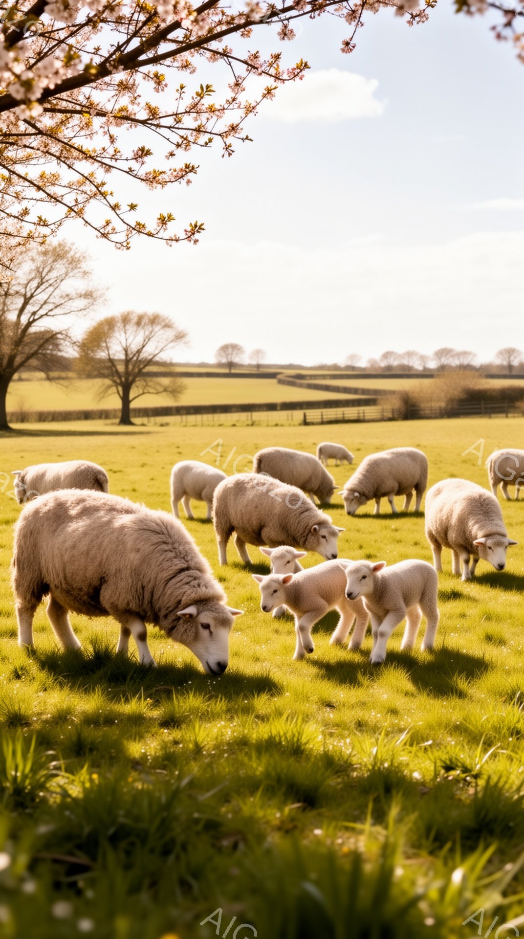 緑豊かな草原でヒツジの群れが草を食んでいる。子ヒツジたちは親の周りを集まり、のどかな風景の中で穏やかな時間が流れている。背景には遠くの丘や木々が見え、春の陽光が暖かく降り注いでいる。 - AI生成フリー素材