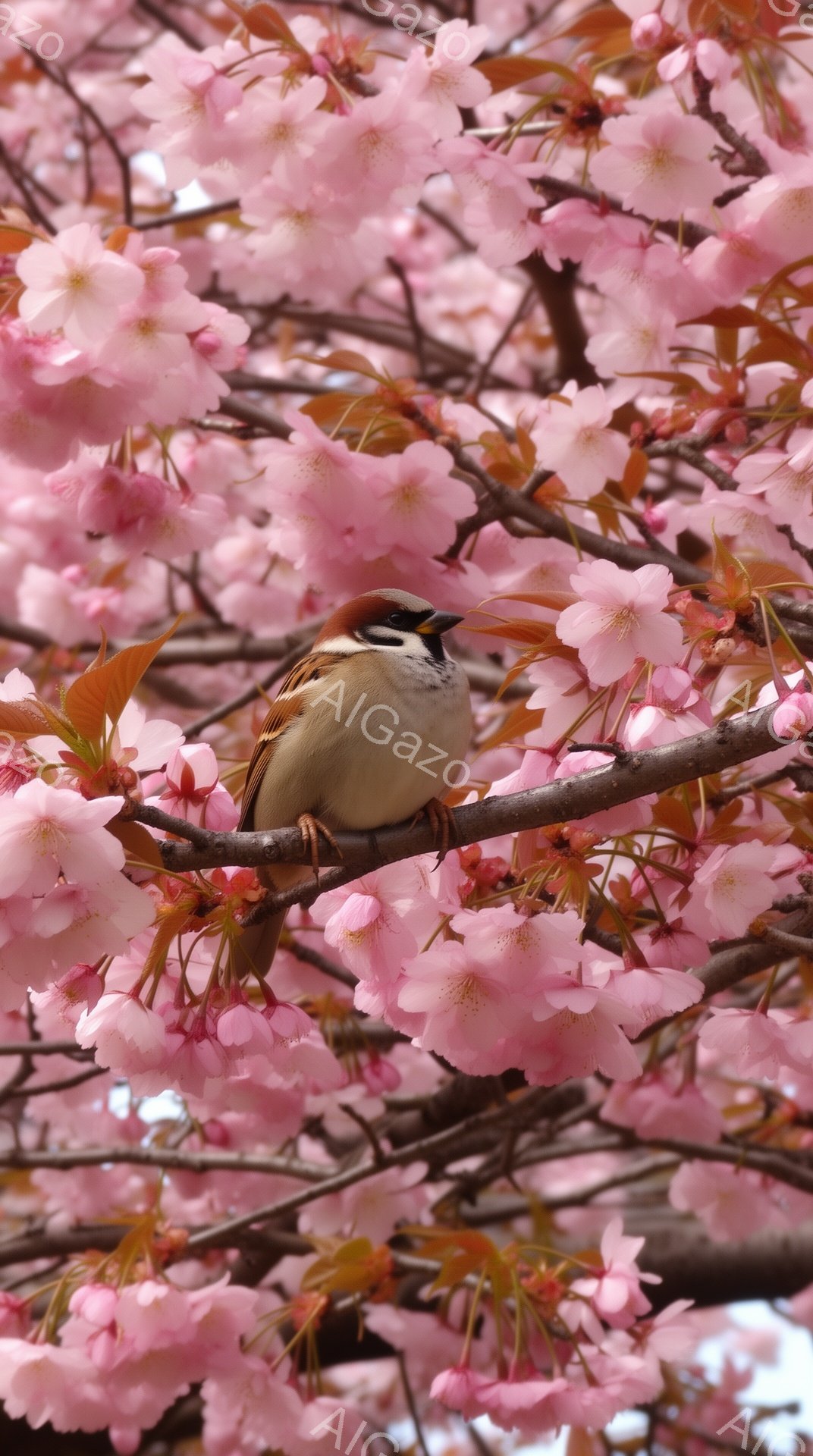桜の枝に一羽の雀が止まっています。ピンク色の花が背景を埋め尽くし、春の暖かさと優しさを感じさせます。鳥は少し上向きに顔を上げ、さえずっているようです。 - AI生成フリー素材