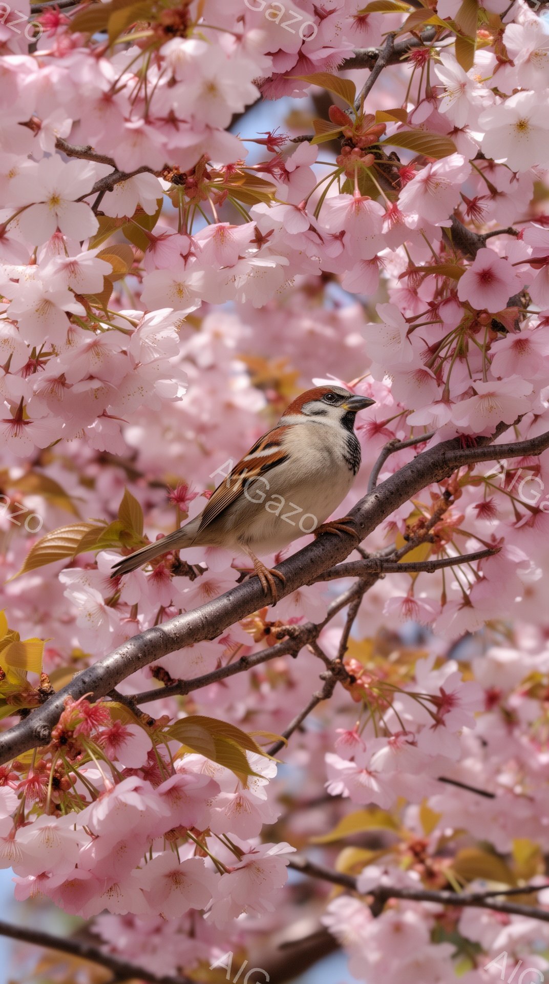 桜の枝にとまっている雀が、穏やかな春の日に佇んでいます。ピンク色の花びらが背景を彩り、鳥の茶色い羽毛とのコントラストが美しいです。空は青く、全体的に柔らかな光に包まれた穏やかな情景です。 - AI生成フリー素材