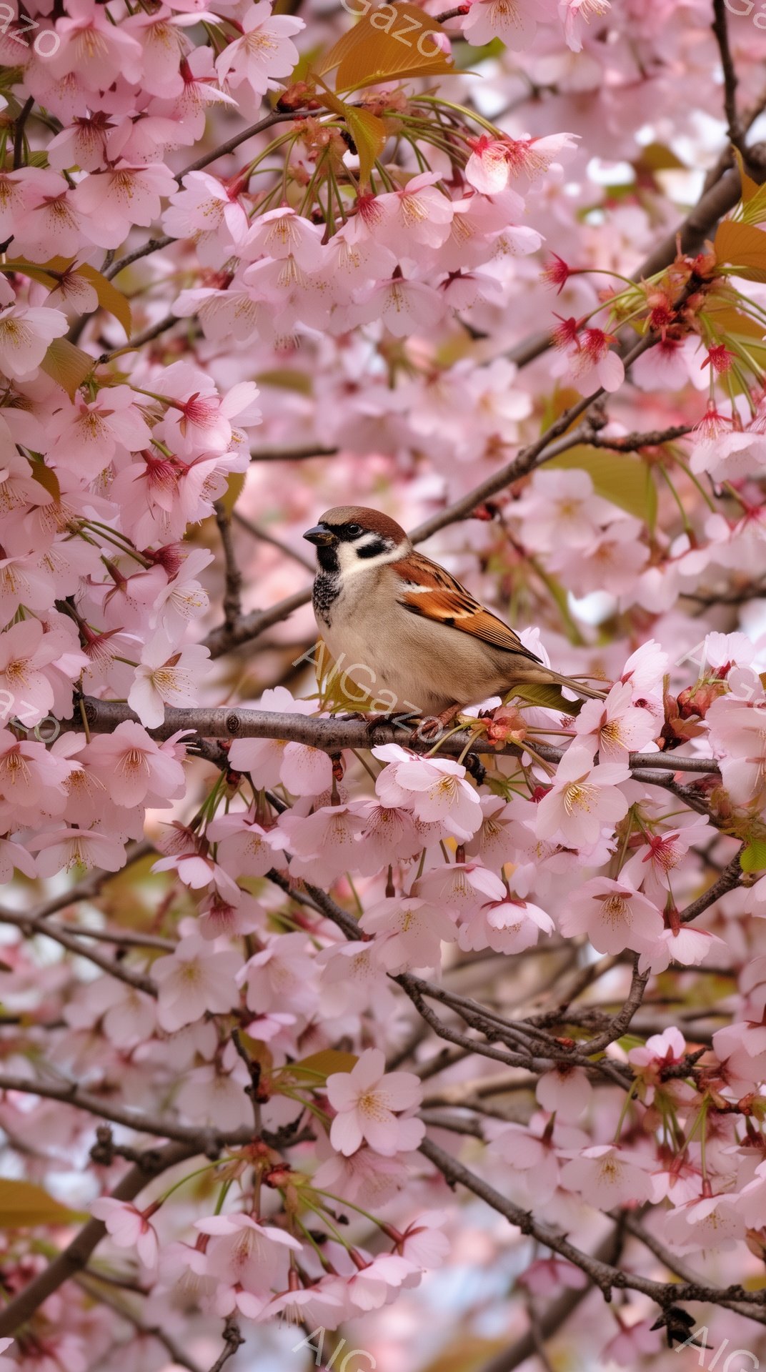 桜の枝に止まっている雀が写っている。ピンク色の美しい桜の花びらが背景を埋め尽くし、春の暖かな雰囲気を醸し出している。雀は少し警戒した表情でこちらを見ているようだ。 - AI生成フリー素材