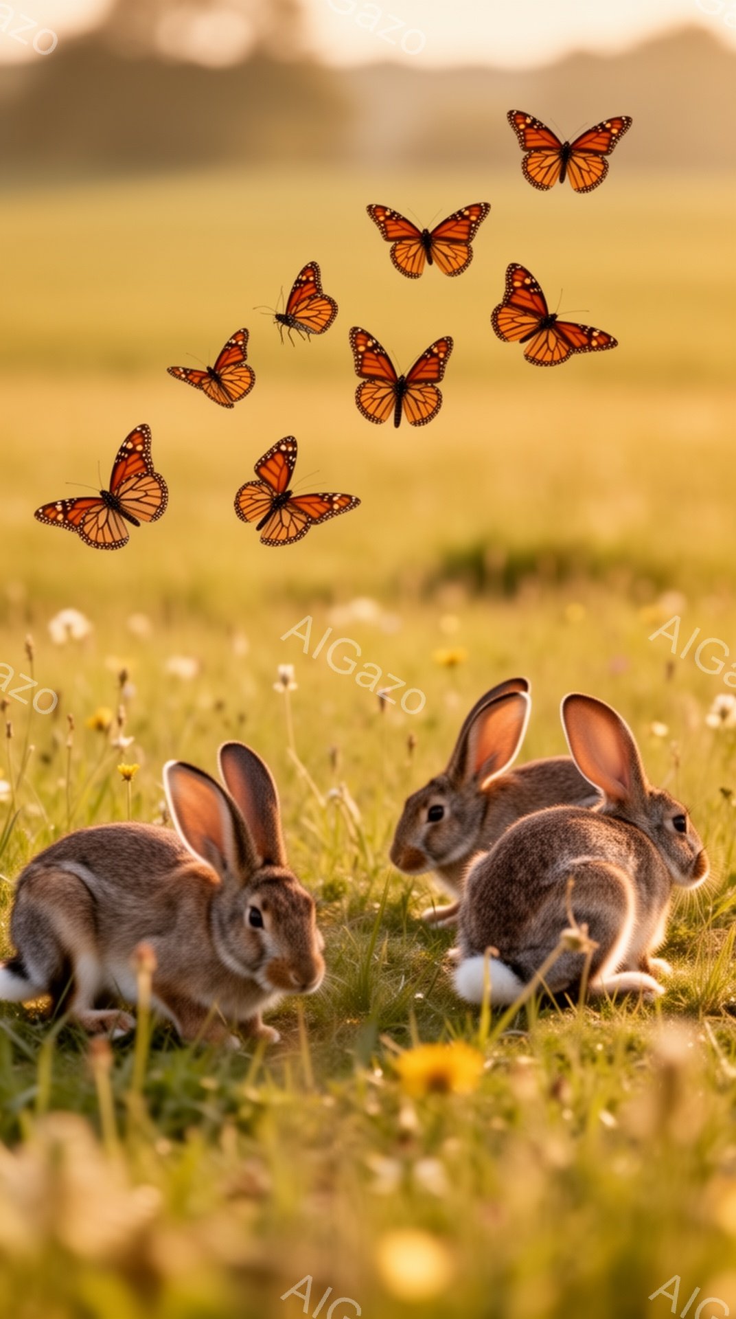 広大な草原で、数匹のウサギが草を食んでいます。周囲には黄色い花が咲き乱れ、オレンジ色の蝶が飛び交い、暖かく穏やかな雰囲気です。夕暮れ時の柔らかな光が、全体を優しく包み込んでいます。 - AI生成フリー素材