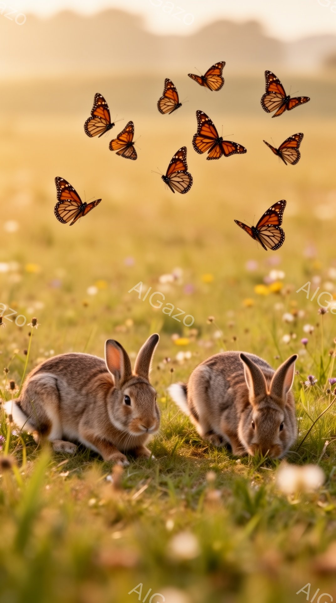 緑豊かな草地のなかで、２匹のウサギが何かを食べています。周囲にはオレンジ色の蝶が舞っており、暖かく穏やかな雰囲気が漂っています。夕暮れ時の光が、草原を金色に染め上げています。 - AI生成フリー素材