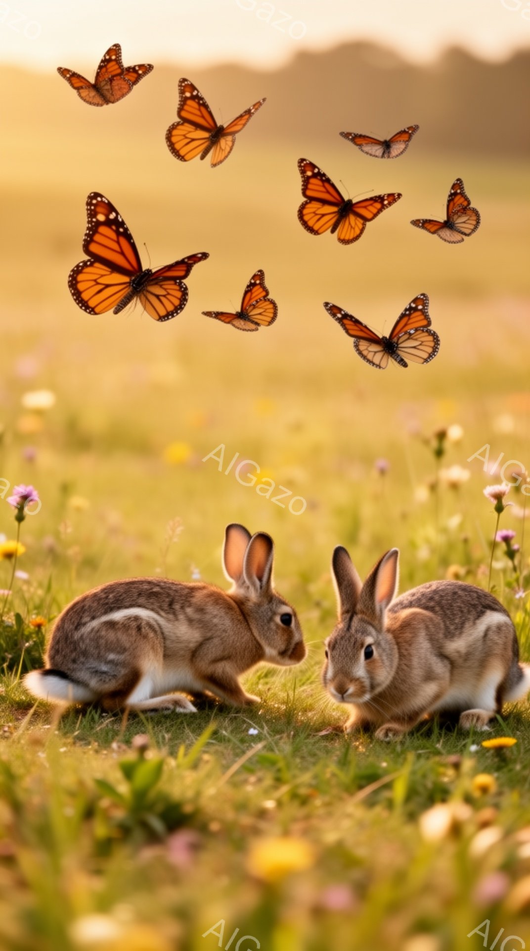 草原で二匹のウサギが向き合って座り、周囲にはオレンジ色の蝶が舞っている。暖かな日差しが降り注ぎ、花々が咲き乱れる穏やかな光景だ。この瞬間は、自然の美しさと安らぎを感じさせる。 - AI生成フリー素材