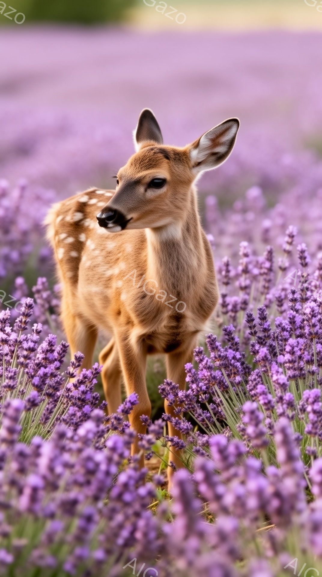 ラベンダー畑の中に子鹿が立っている。柔らかい光が子鹿を照らし、背景の紫色の花々と調和している。穏やかで平和な雰囲気を感じさせる美しい光景だ。
