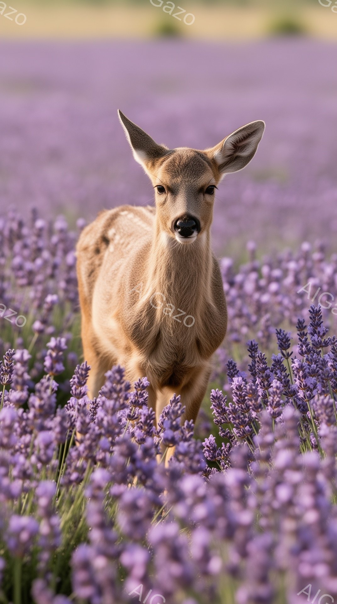 ラベンダー畑でシカがたたずんでいます。シカは好奇心旺盛な表情でカメラを見つめ、紫色の花々とその茶色の毛並みが美しいコントラストを生み出しています。背景は一面のラベンダー畑が広がり、穏やかで夢幻的な雰囲気を醸し出しています。