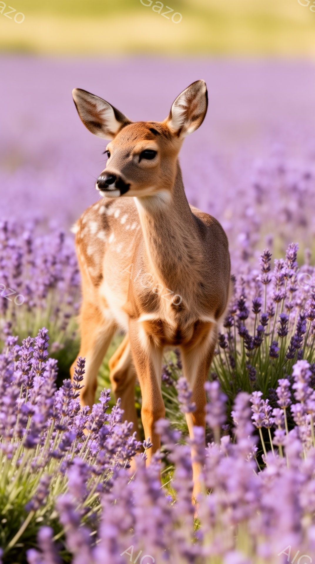 可愛らしい子鹿がラベンダー畑で佇んでいます。紫色の花々と鹿の茶色の毛並みが美しく調和し、穏やかな雰囲気を醸し出しています。背景には柔らかな光が差し込み、幻想的な印象を与えます。