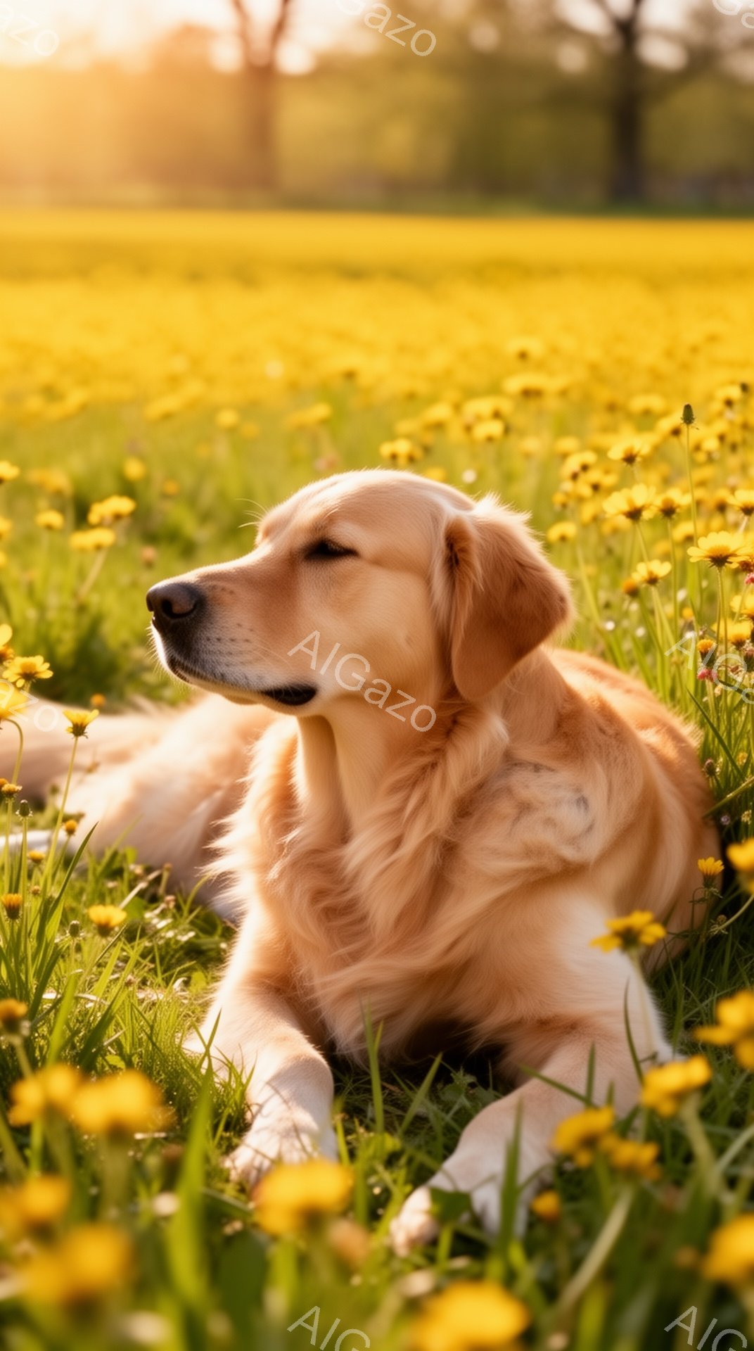 明るい日差しの下、金色の毛並みの犬がタンポポが咲く草原に横たわっています。犬はリラックスした様子で、遠くを見つめています。背景はぼやけており、温かく穏やかな雰囲気を醸し出しています。 - AI生成フリー素材
