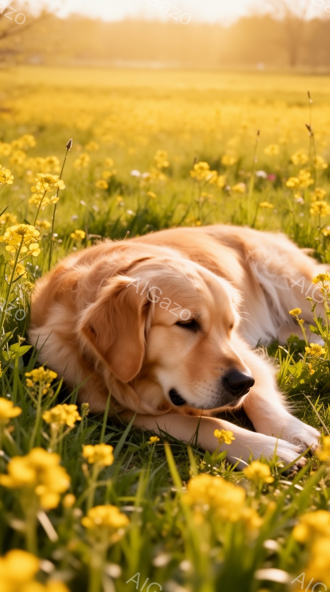ゴールデンレトリバーが黄色い花の咲き乱れる草原に横たわっています。穏やかな表情で目を閉じ、リラックスした様子が伝わってきます。背景は柔らかい光に包まれ、春の暖かな日差しを感じさせる穏やかな雰囲気です。 - AI生成フリー素材