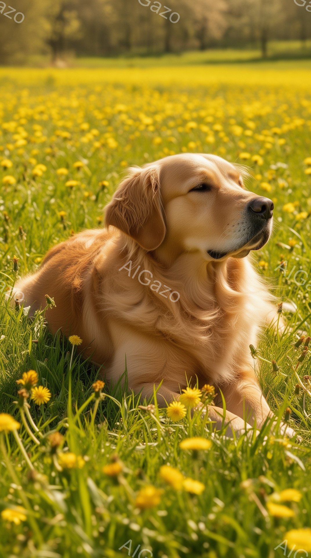 広大なタンポポ畑で、ゴールデンレトリバーが横たわってリラックスしています。穏やかな日差しが犬の毛並みを照らし、暖かく優しい雰囲気を醸し出しています。犬は目を閉じて、春の陽気を楽しんでいるようです。 - AI生成フリー素材