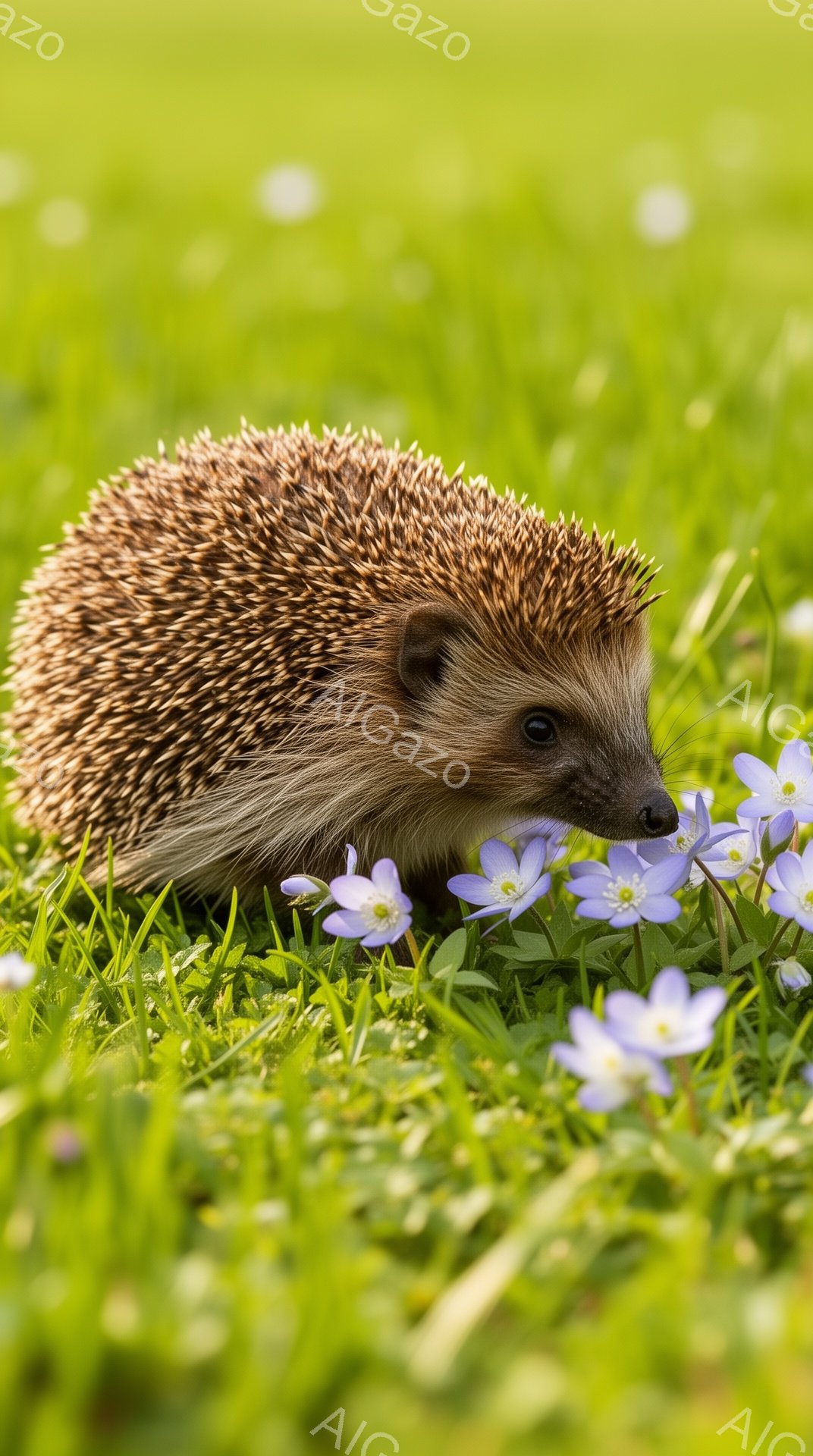 緑の草むらの中にいるハリネズミが描かれています。小さな青い花の間を歩き回り、可愛らしい姿を見せています。周りの緑と花のコントラストが、穏やかで平和な雰囲気を醸し出しています。