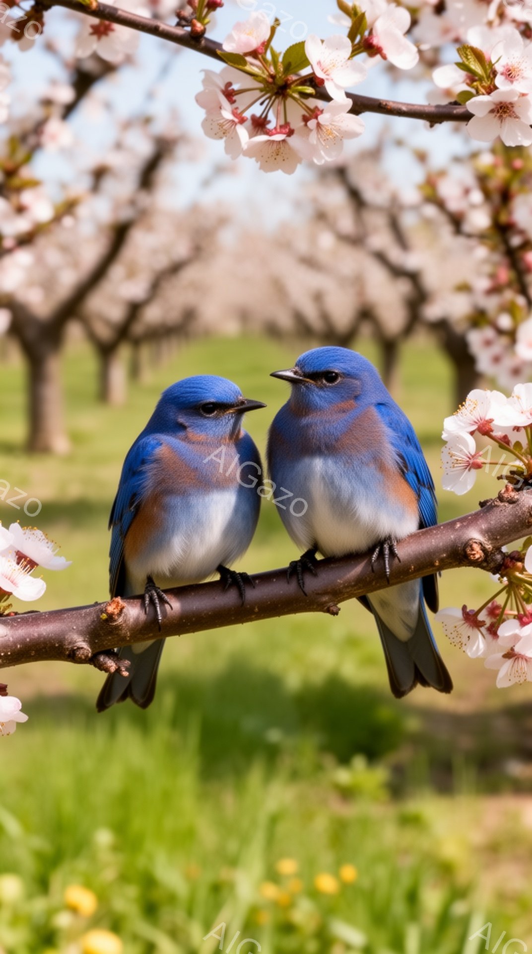 鮮やかな青い鳥が枝にとまって向かい合っています。周りは桜の花が咲き乱れ、緑の草地が広がっていて、春の穏やかな雰囲気が伝わってきます。鳥たちは親密そうに寄り添い、春の訪れを祝っているかのようです。