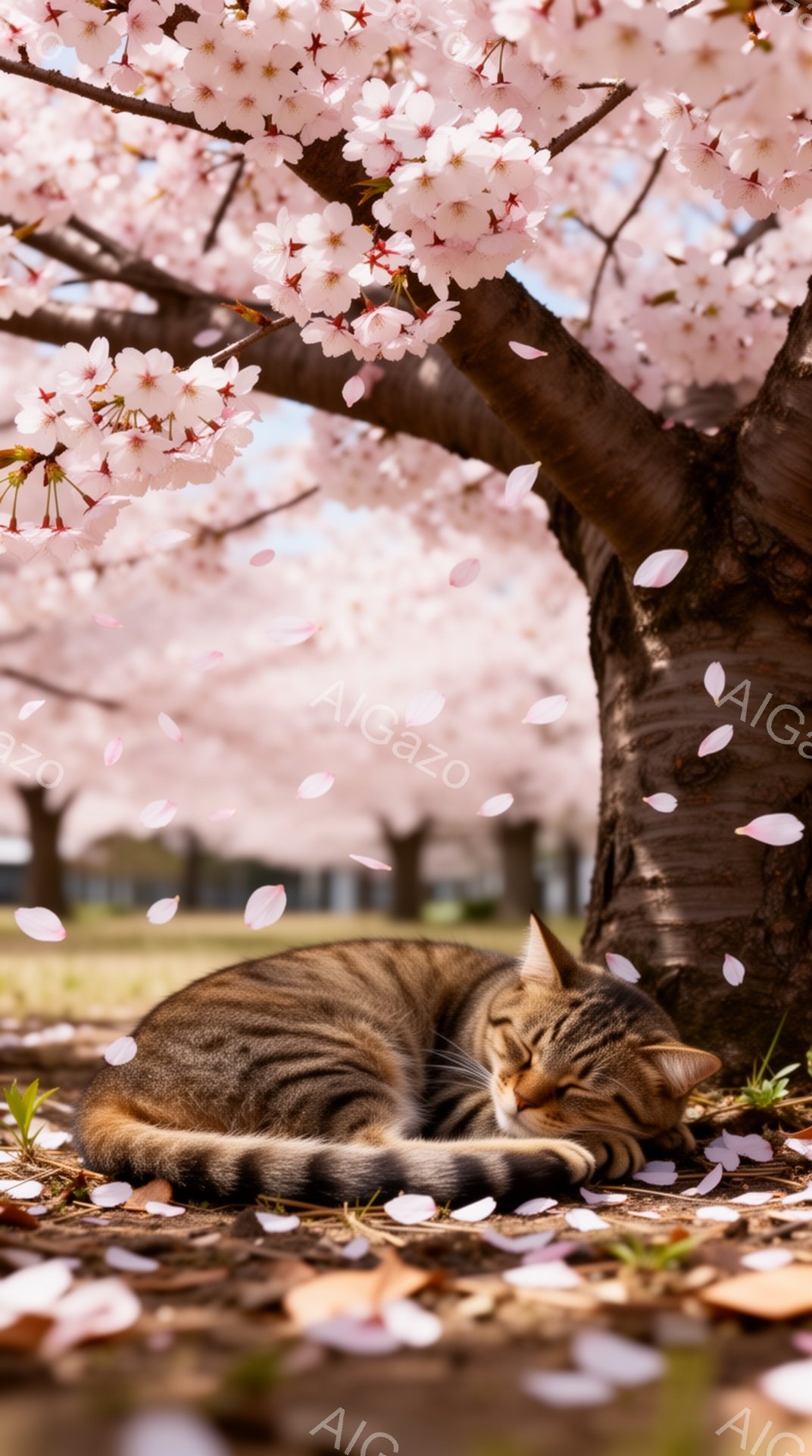 桜の木の下で、縞模様の猫が穏やかに眠っています。 周りには桜の花びらが舞い散り、春の暖かな雰囲気が伝わってきます。 猫の表情はリラックスしており、平和な光景です。 - AI生成フリー素材