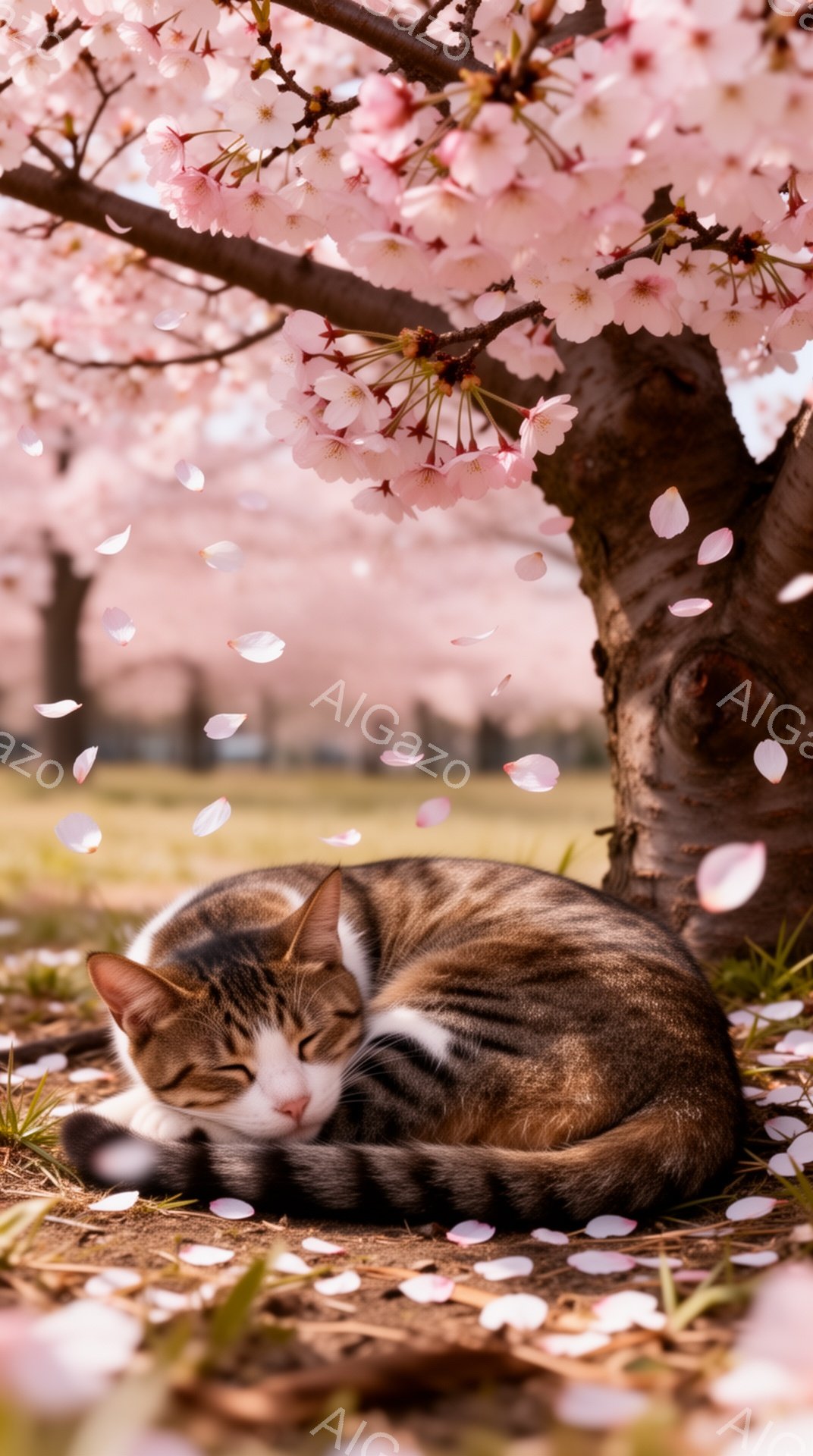 桜の木の下で丸まって眠る猫が描かれています。ピンク色の花びらが舞い散り、穏やかで優しい雰囲気を醸し出しています。猫の毛並みや表情から、安らかな眠りを楽しんでいる様子が伝わってきます。 - AI生成フリー素材