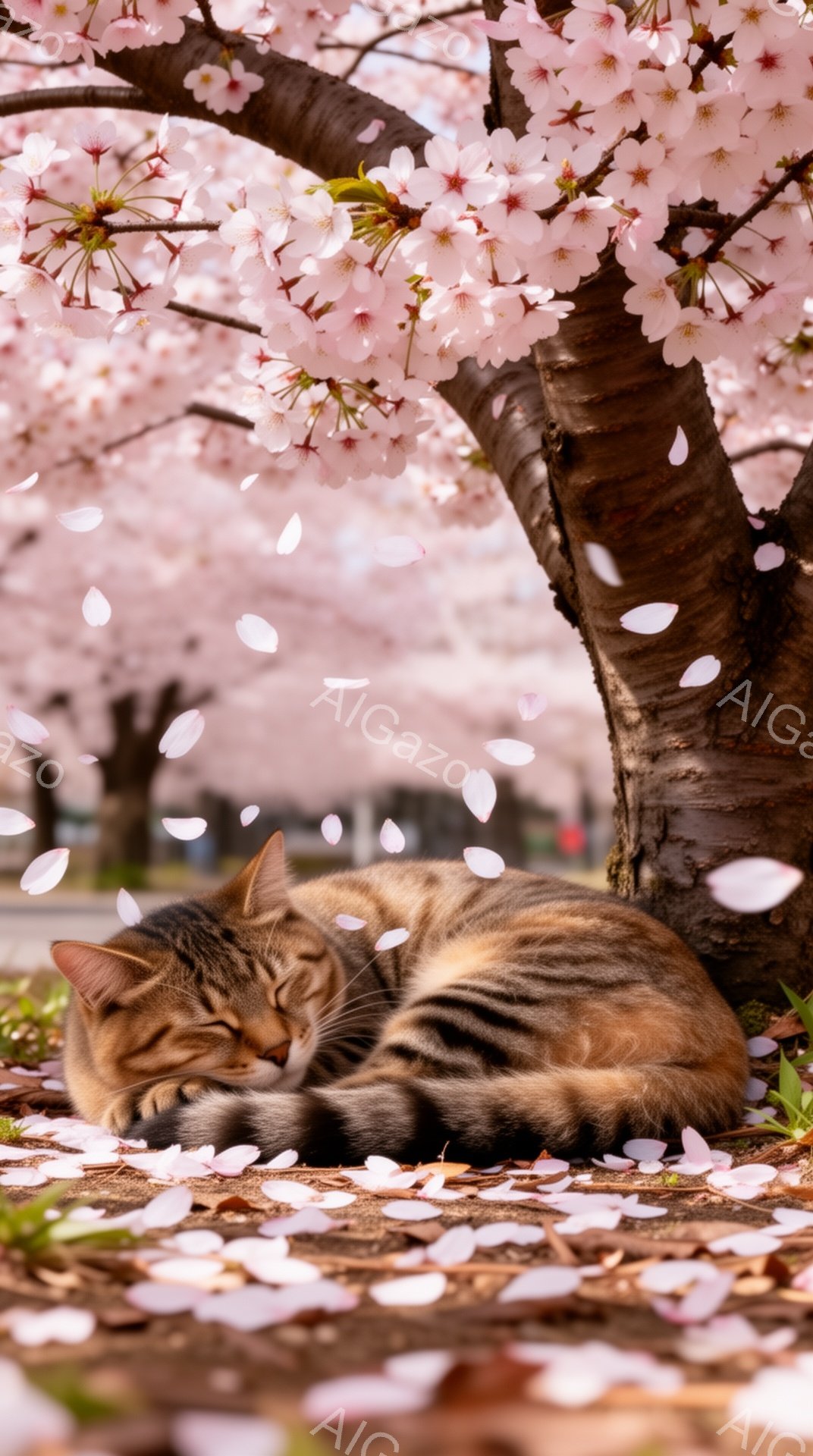 桜の木の下で縞模様の猫が丸まって眠っています。ピンク色の花びらが猫の周りに舞い、春の穏やかな雰囲気を醸し出しています。背景にはぼやけた景色が広がり、猫の安らかな姿が際立っています。 - AI生成フリー素材