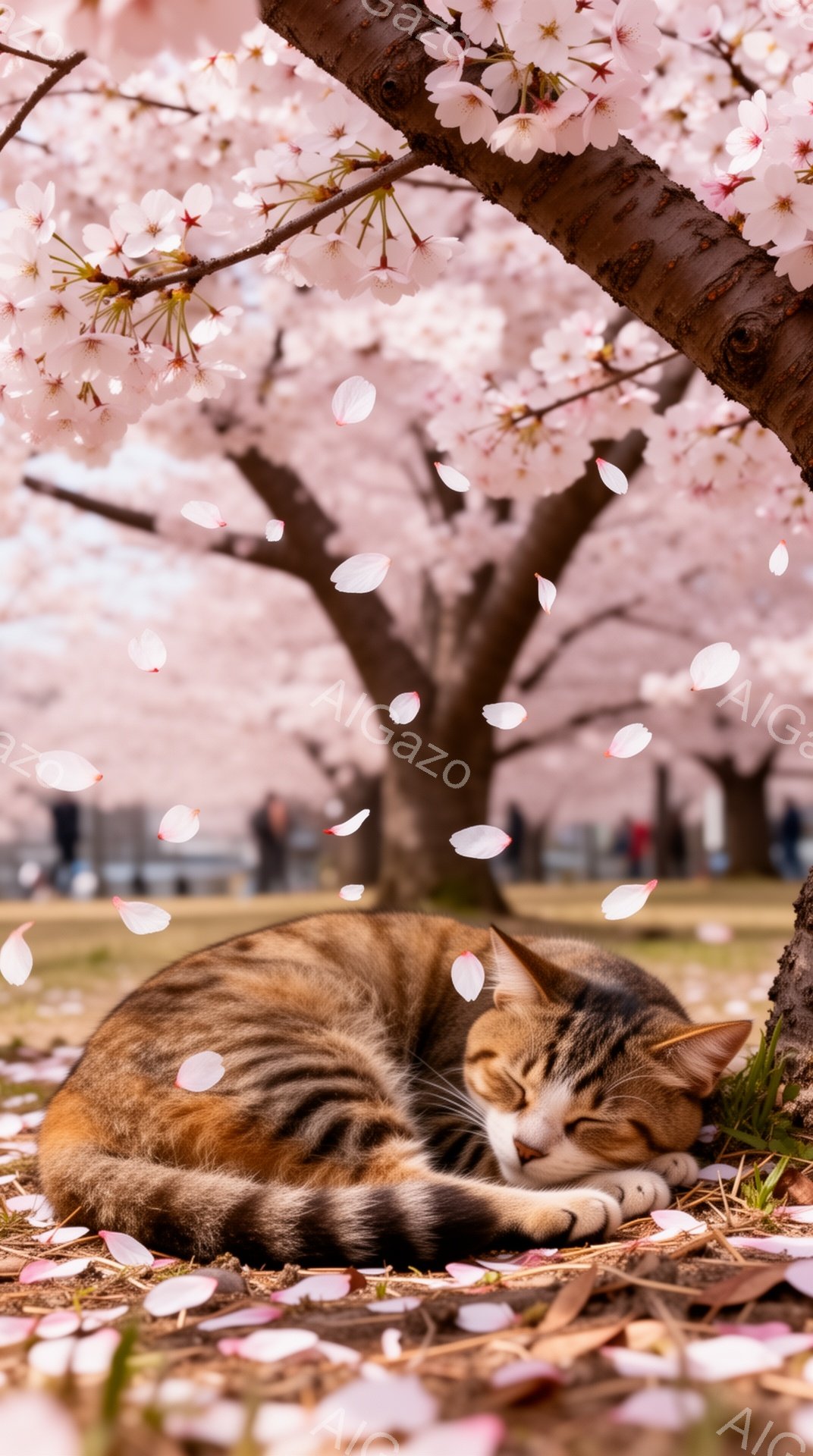 桜の木の下で縞模様の猫が丸まって眠っています。周りには桜の花びらが舞い散り、春の穏やかな雰囲気が漂っています。 猫はリラックスした様子で、背景にはぼやけた人々が見えます。 - AI生成フリー素材