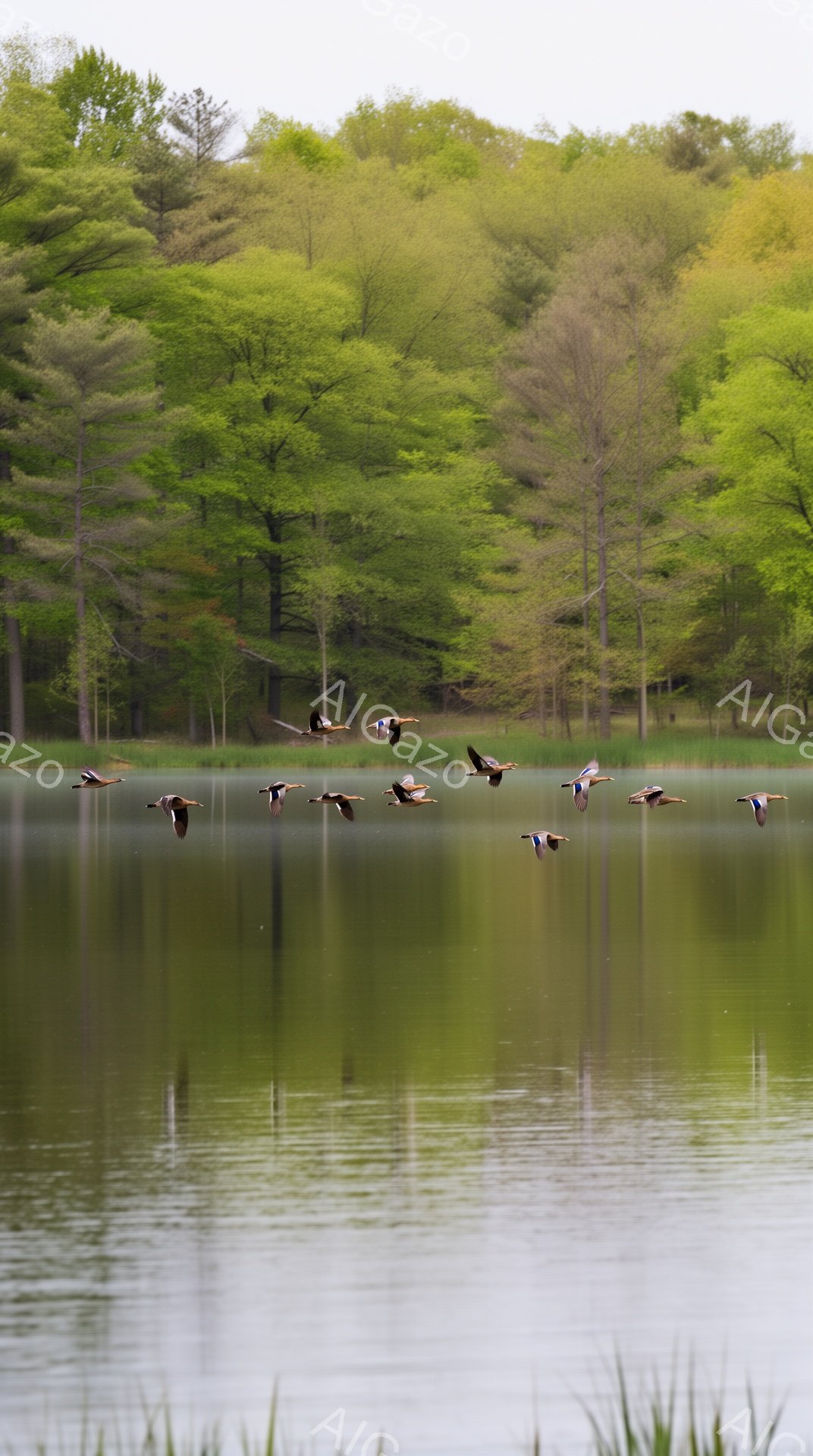 静かな湖面をカモの群れが飛んでいる。水面に映るカモと背景の緑豊かな木々が美しいコントラストを生み出している。穏やかで平和な雰囲気が感じられる風景だ。 - AI生成フリー素材