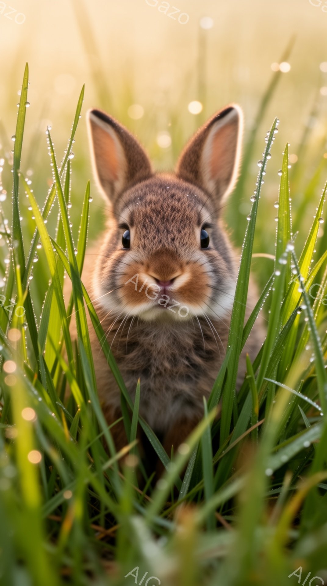 緑の草むらから顔を出した可愛らしい子ウサギがこちらを見つめている。朝露で濡れた草がキラキラと輝き、温かい日差しがウサギを優しく照らしている。穏やかで牧歌的な雰囲気の写真だ。