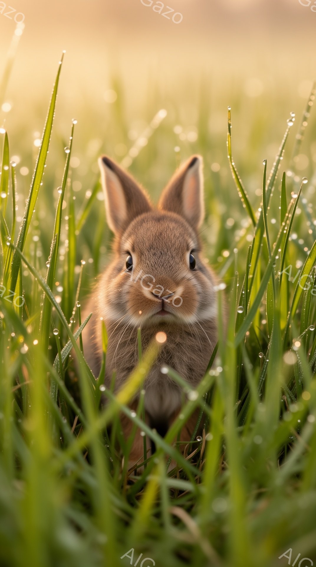 小さなうさぎが緑の草むらに隠れている。朝露が光り、背景はぼやけて暖かく、穏やかな雰囲気を醸し出している。うさぎの大きな瞳が可愛らしく、見ている人を引き込む。