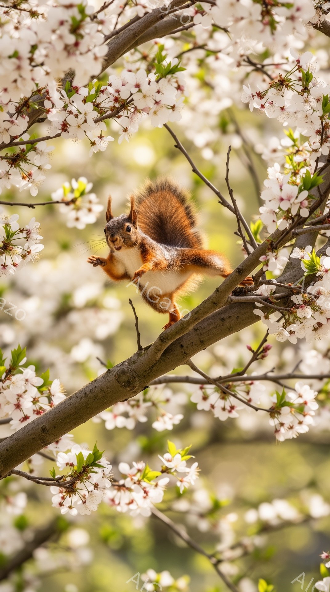 赤い毛並みを持つリスが、満開の桜の枝にとまっており、片手を上げてまるで人間のようにポーズをとっています。 周囲にはピンク色の桜の花が咲き乱れ、春の暖かく穏やかな雰囲気を醸し出しています。 明るい日差しがリスを照らし、可愛らしい姿を際立たせています。