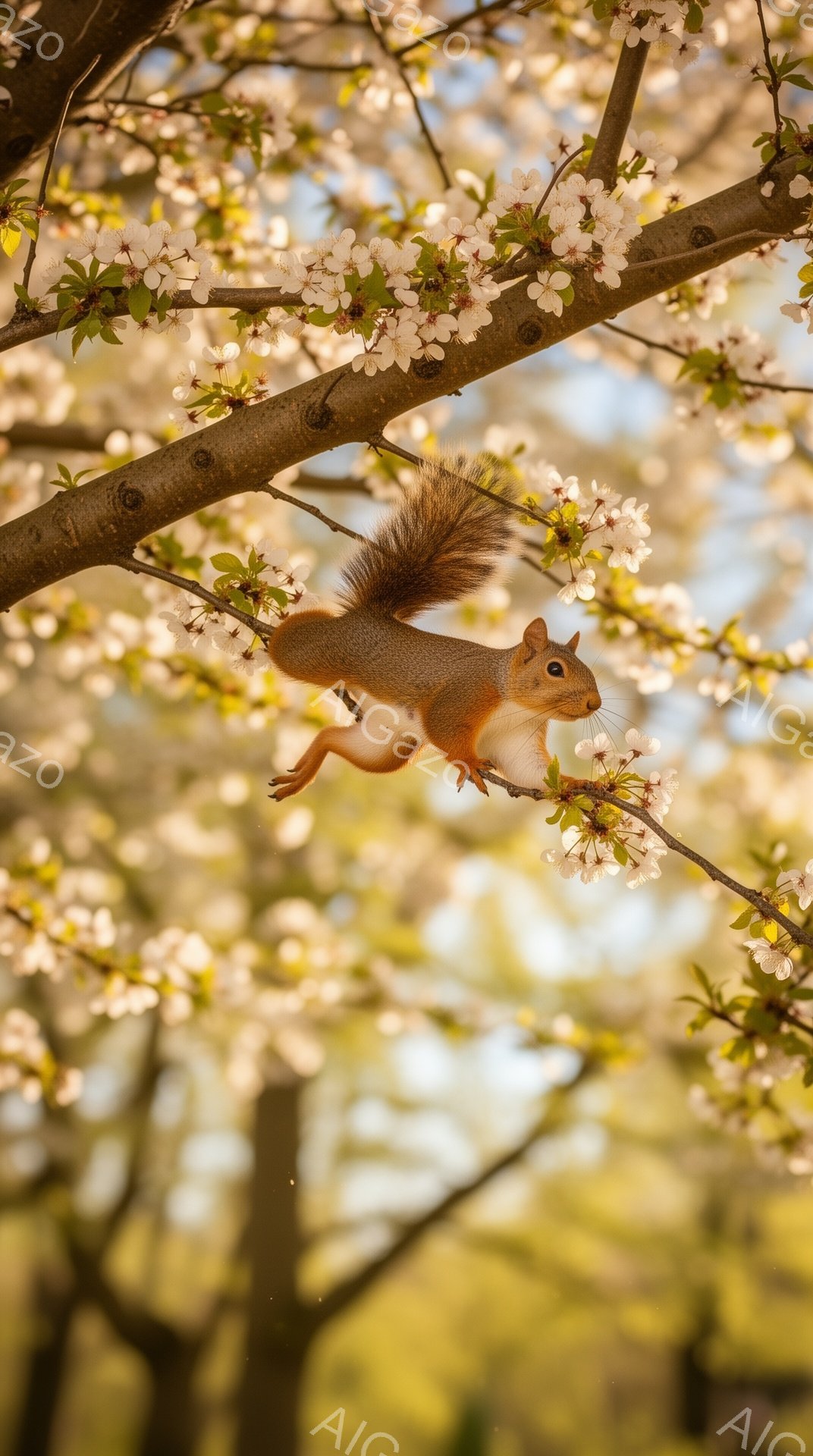 リスが桜の枝で活発に動き回っている。背景は淡い桜の花で満たされており、春の暖かく穏やかな雰囲気を醸し出している。光が柔らかく差し込み、リスの毛並みを照らしている。 - AI生成フリー素材
