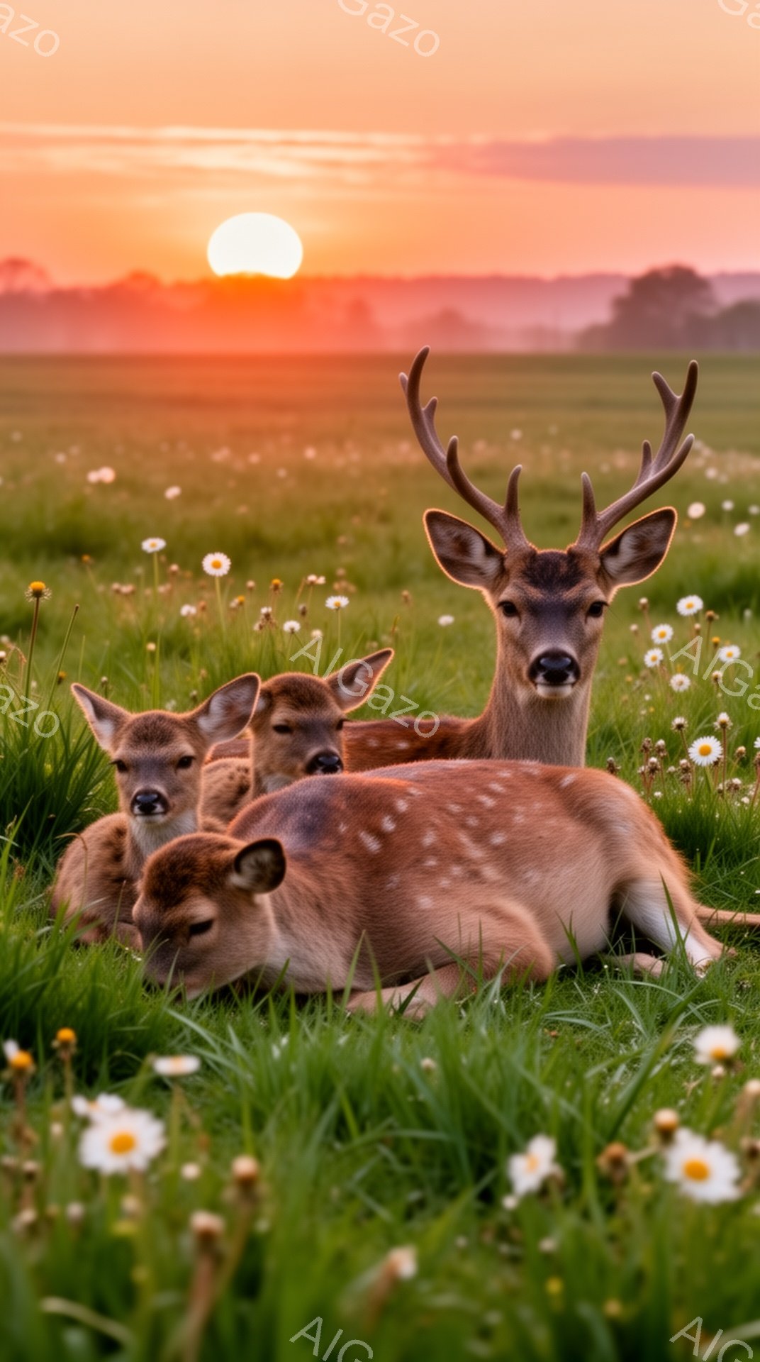 穏やかな夕暮れ時に、緑の草原でシカの家族が寄り添って休んでいます。親シカは後ろに座り、子シカたちは前で丸まって眠っており、平和な雰囲気が漂っています。白い花が咲き乱れる草原と、夕焼け空が美しい光景を作 - AI生成フリー素材