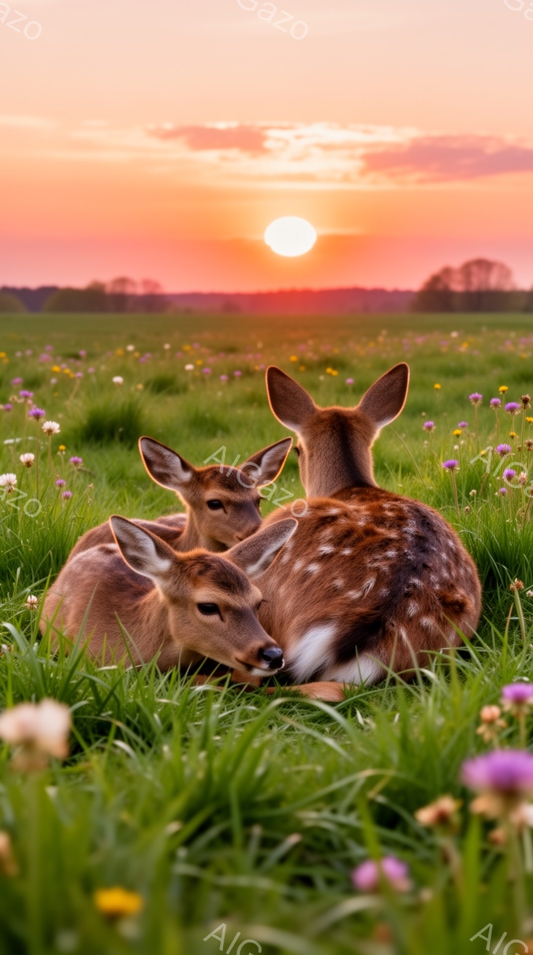 緑豊かな草地で3匹の子鹿が寄り添い、リラックスした様子を見せています。夕焼け空が美しい背景となり、穏やかで平和な雰囲気を醸し出しています。子鹿たちは、可愛らしい斑点模様と優しい表情で、見る人の心を温か - AI生成フリー素材