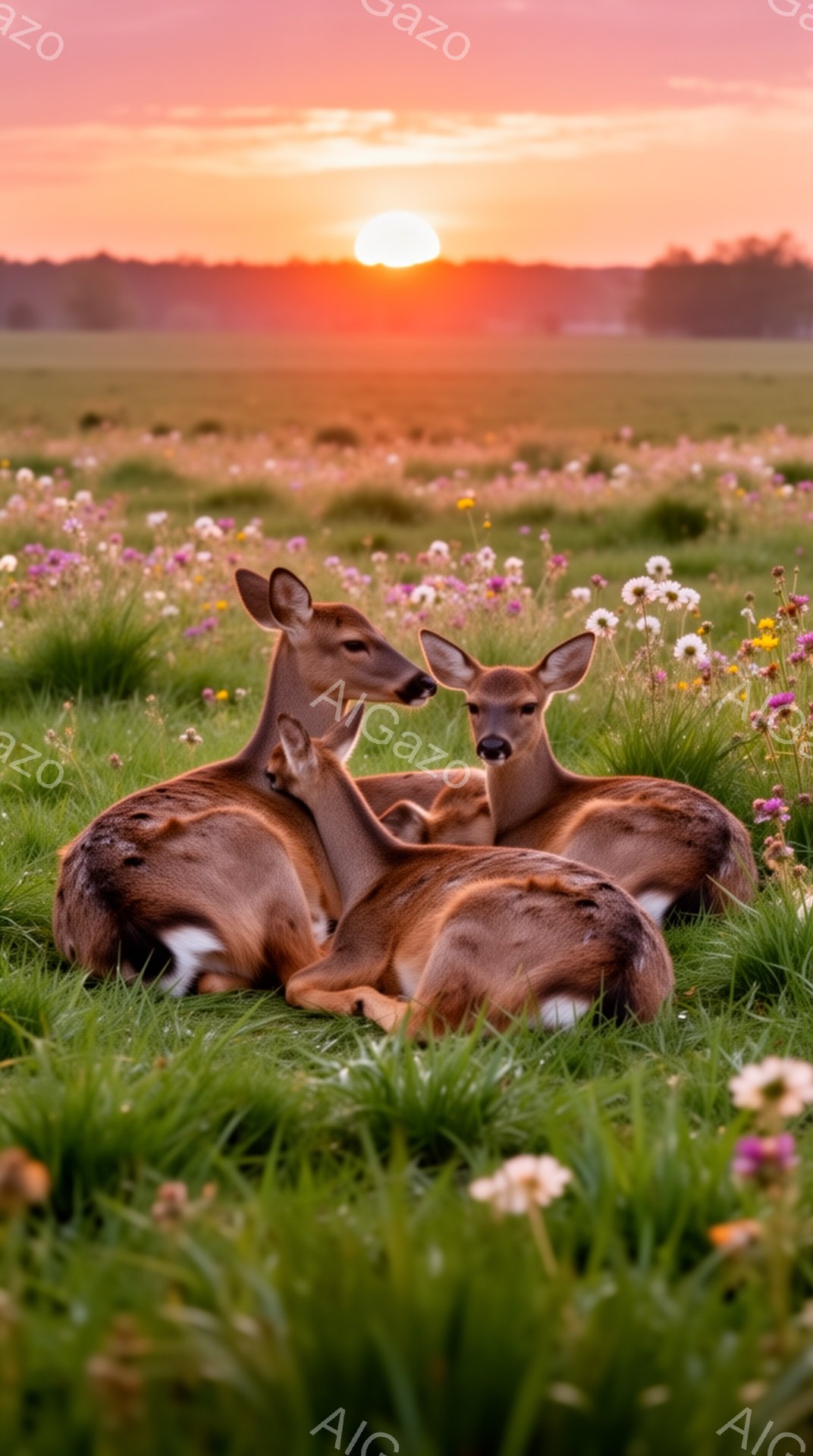 鮮やかな緑の草地にシカたちが集まり、夕焼け空の下でリラックスした時間を過ごしている。シカたちは寄り添い合い、穏やかな表情を浮かべ、平和な雰囲気を醸し出している。背景には、夕日に照らされた草地が広がり、 - AI生成フリー素材