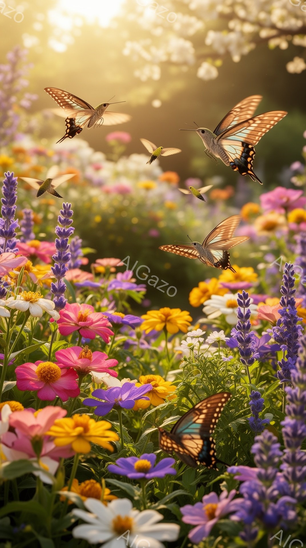 色とりどりの花々が咲き乱れる野原で、蝶とハチドリが飛び交っている。太陽の光が差し込み、明るく華やかな雰囲気が広がっている。植物の緑と鮮やかな花の色が、自然の美しさを際立たせている。 - AI生成フリー素材