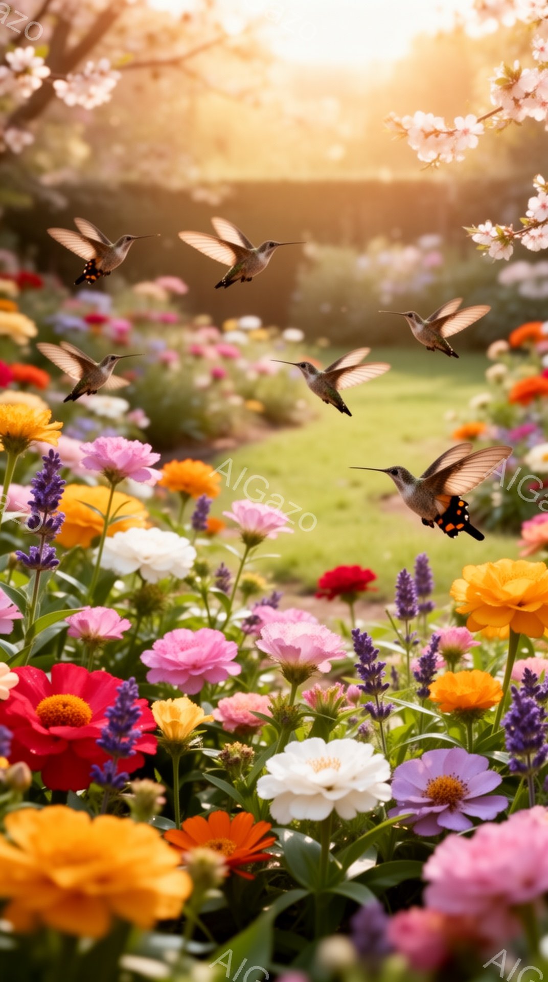 色とりどりの花々が咲き乱れる中で、数羽のハチドリが蜜を求めて飛び回っている。温かい日差しと鮮やかな色彩が、生命力に満ちた夏の庭の雰囲気を醸し出している。背景にはぼんやりと木々が見え、自然の豊かさを感じ - AI生成フリー素材