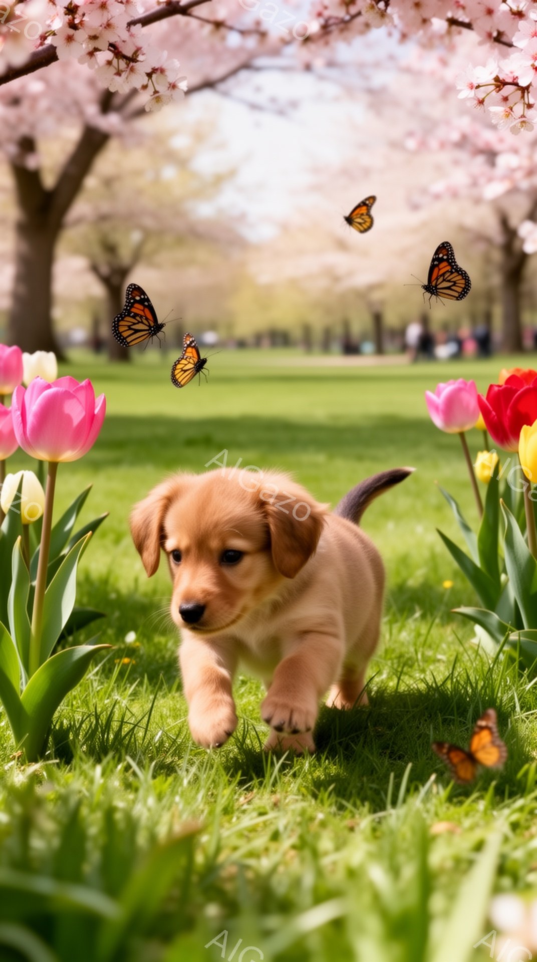 鮮やかな春の庭で、小さな子犬が蝶を追いかけて遊んでいます。周囲には色とりどりのチューリップが咲き誇り、背景には桜の木がぼんやりと見えます。暖かく穏やかな雰囲気で、春の喜びが感じられます。 - AI生成フリー素材