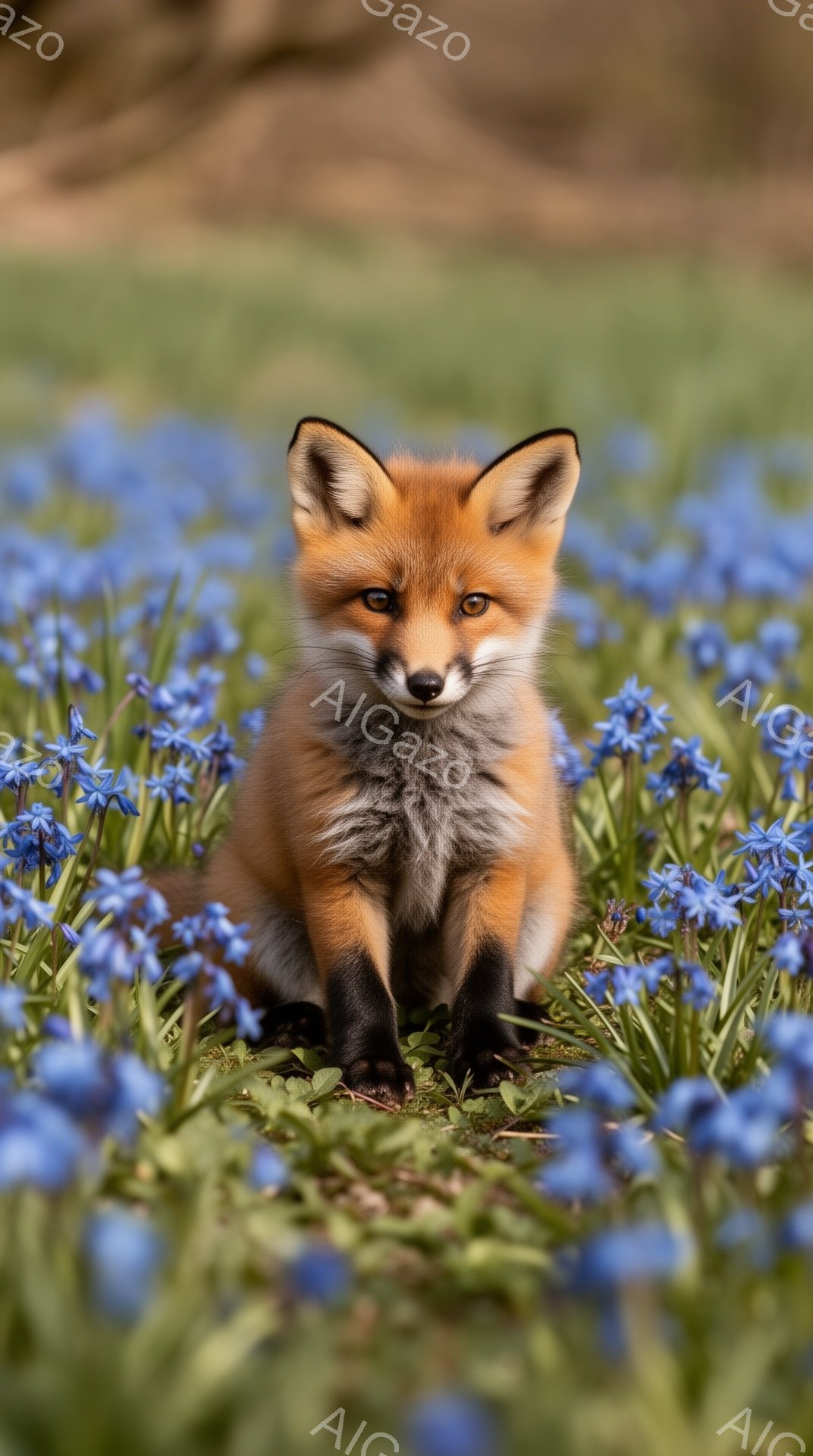 鮮やかなオレンジ色のキツネの子が、青い花畑の中に座っています。子ギツネは前足を揃えて座り、こちらをじっと見つめており、その表情は好奇心に満ちています。背景には柔らかい光が差し込み、春の穏やかな雰囲気を - AI生成フリー素材